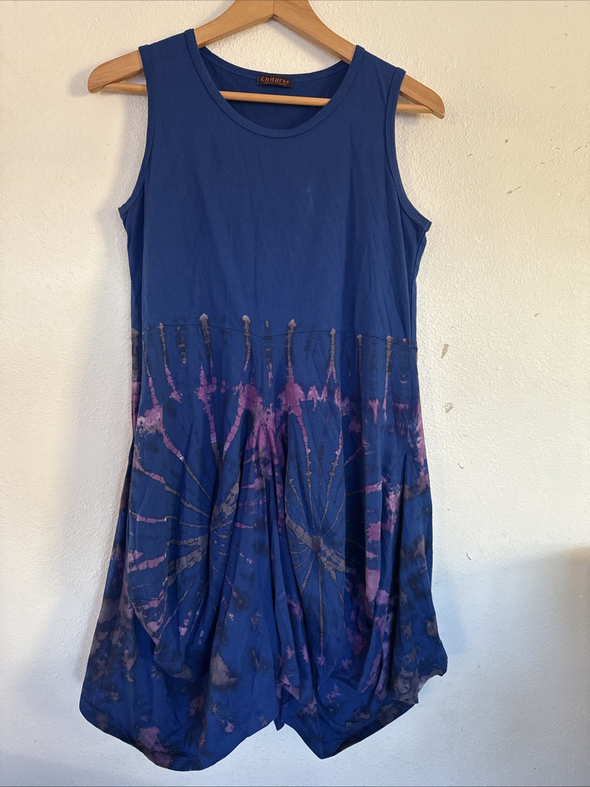 Lagenlook Dress Shift Linen Blue Lantern Thailand Bubble Pockets Sz S