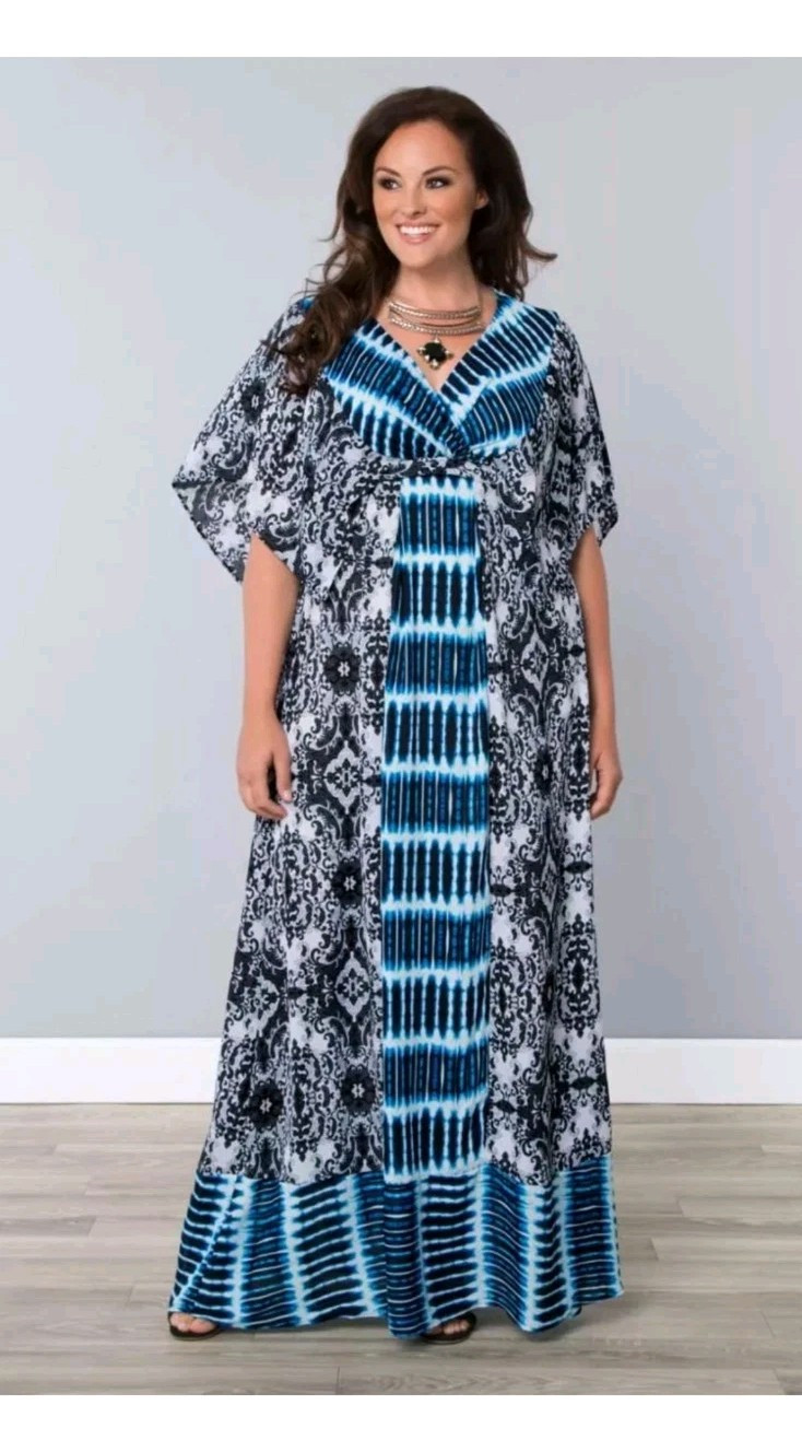 KIYONNA Women’s Plus Bohemian Breeze Maxi Kimono Dress Damask Print Size 3X