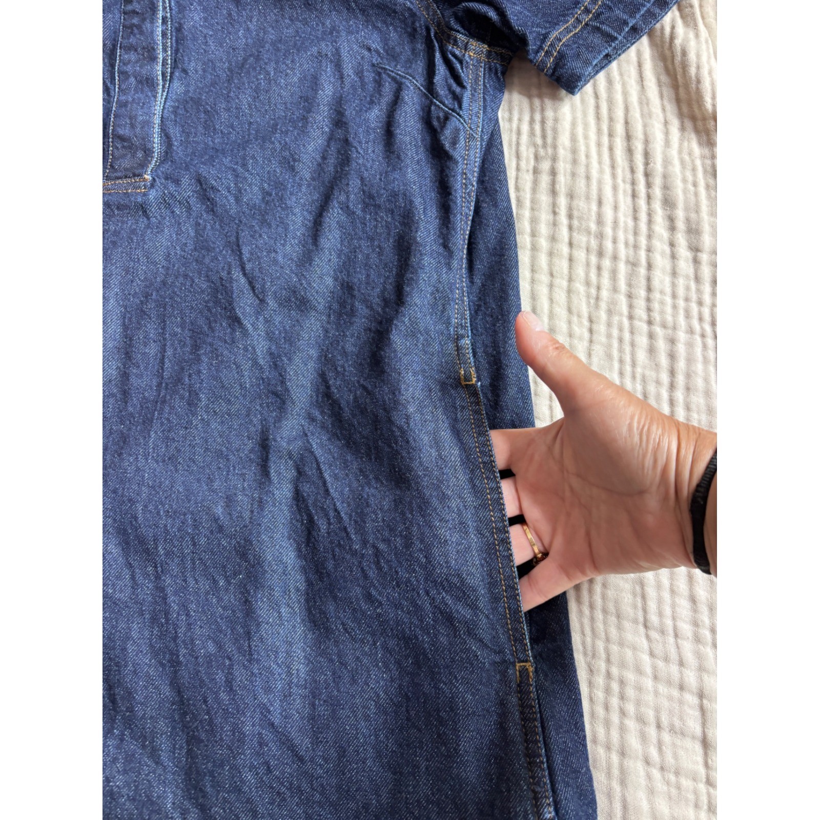 Madewell Denim Short Sleeve Mini Shift Dress Blue Indigo Cotton Pockets Size S