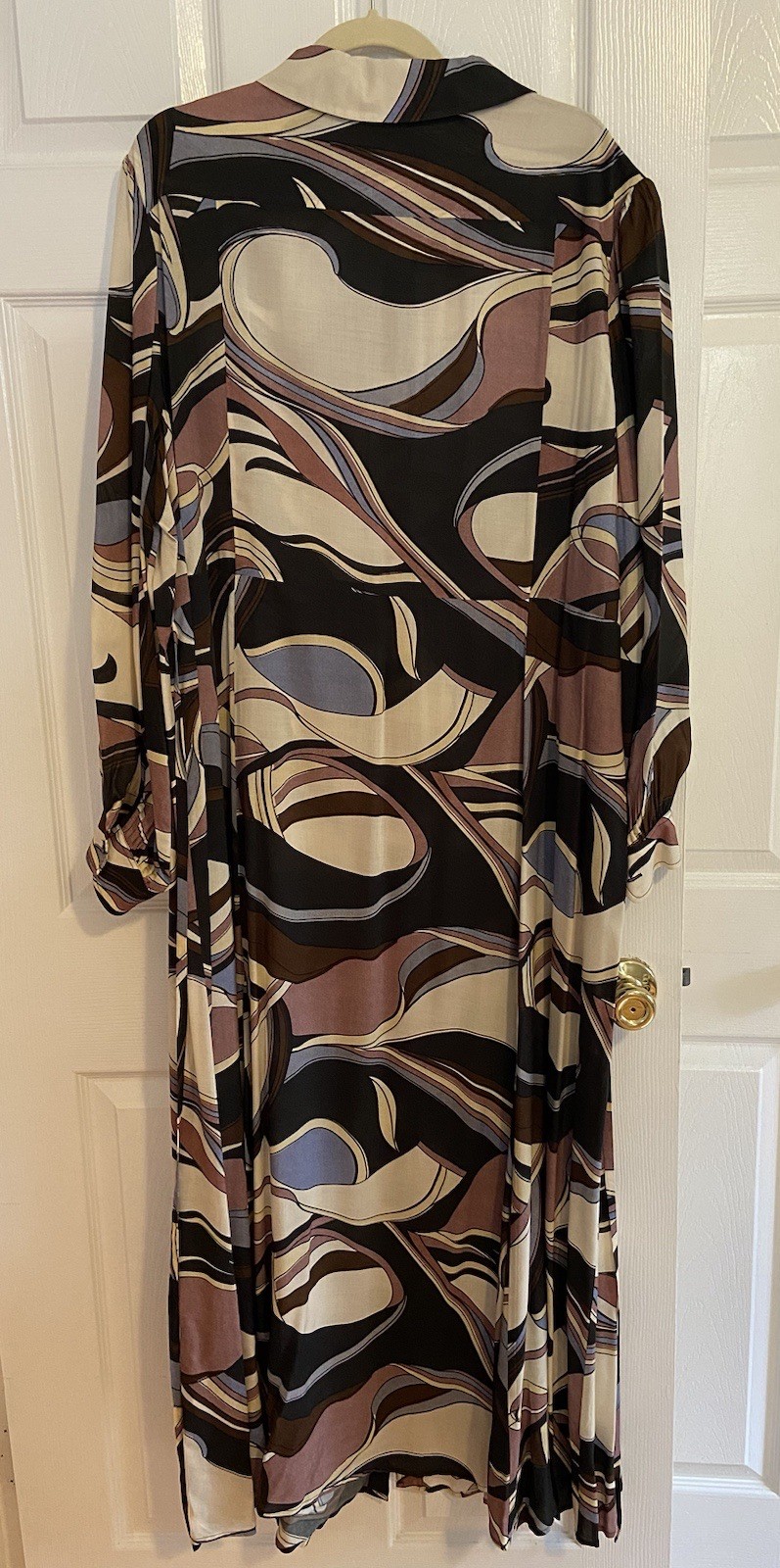 EUC 22W (6XL) Rixo Madison Maxi Shirtdress in Mauve/Blue/Brown Swirl Pattern