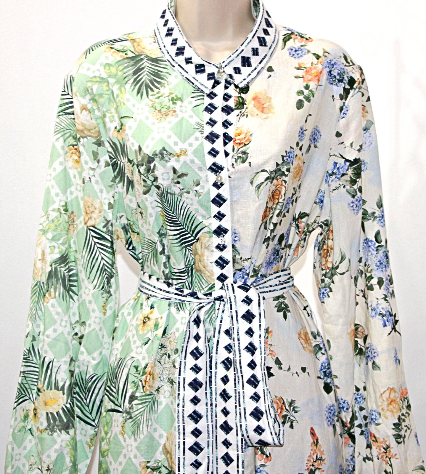 Magaschoni Linen Blend Button Front Pockets Belted Maxi Shirt Dress sz L $228