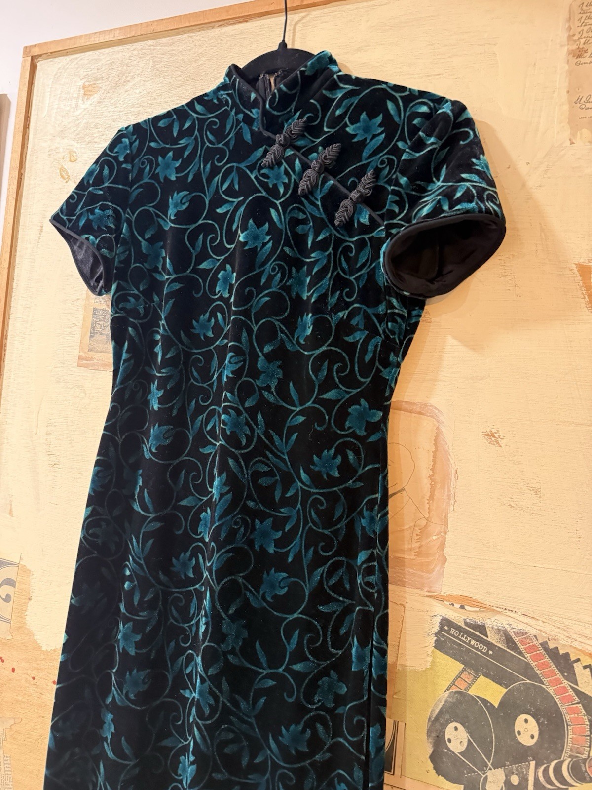 Vintage David Warren Velvet Cheongsam Dress Teal Black Floral Size 4 Back Zip