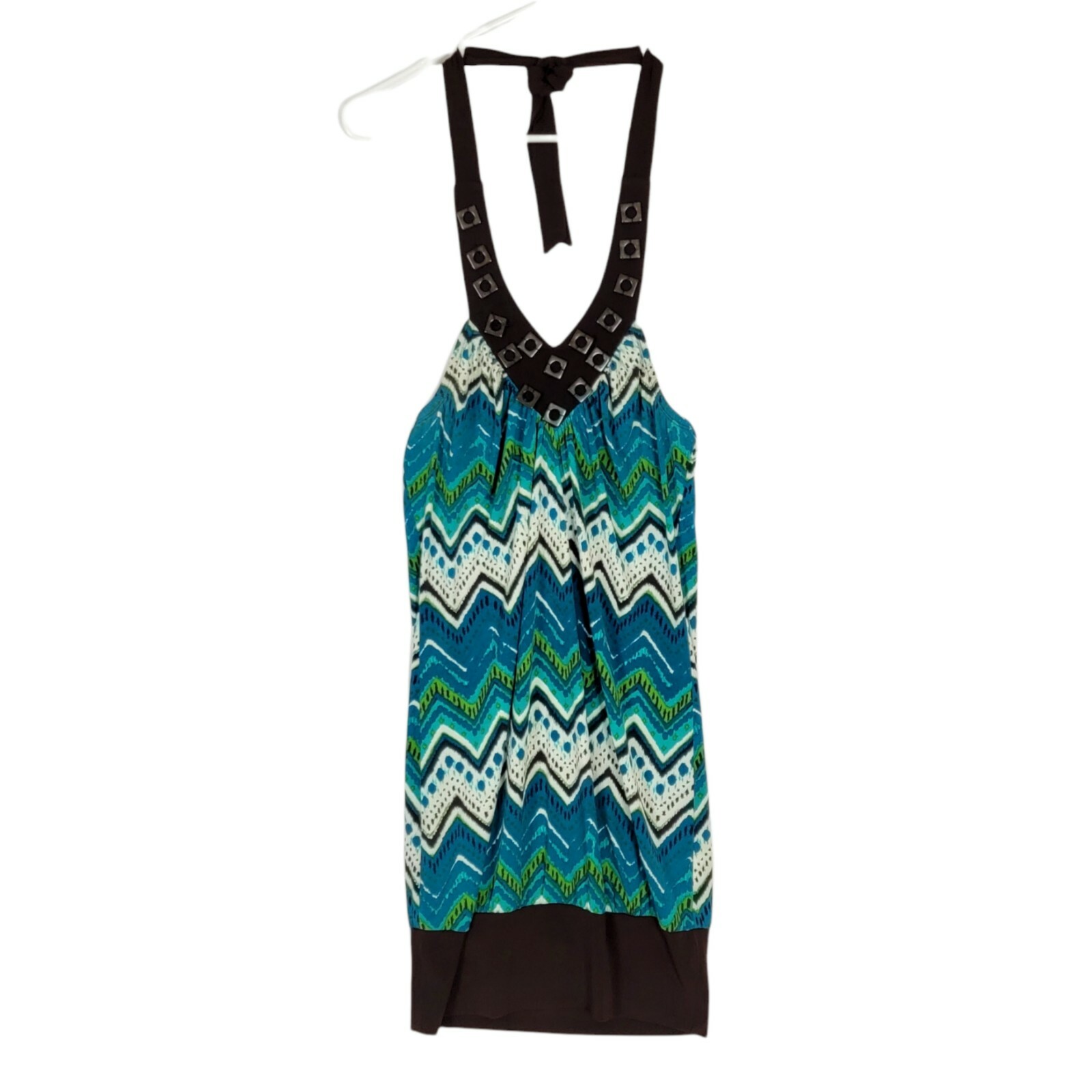 Heart Soul Dress Womens M Teal Blue Brown Short Beaded Sleeveless Halter