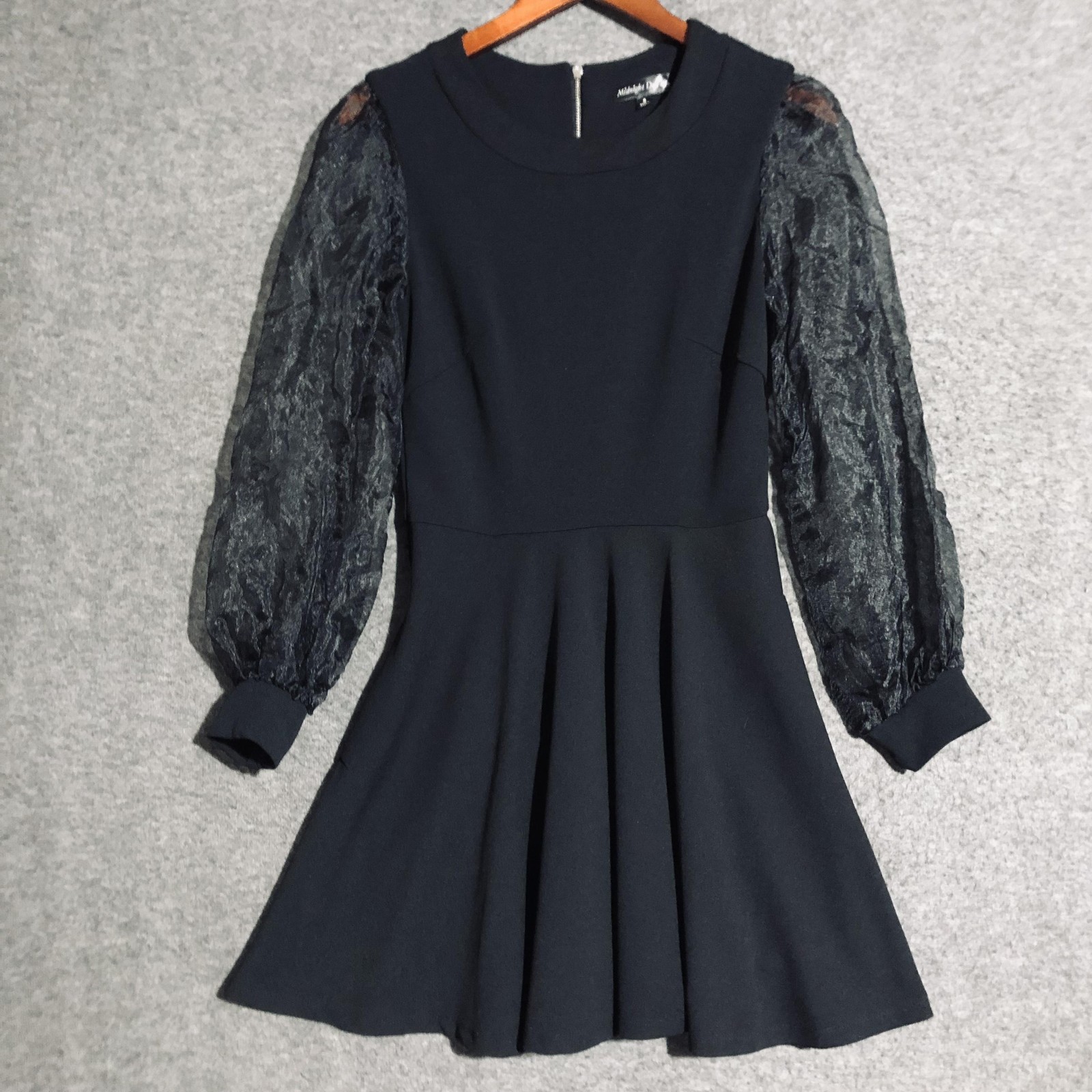 Midnight Doll Dress Womens S Black Fit & Flare Sheer Puff Sleeves Zip Whimsigoth