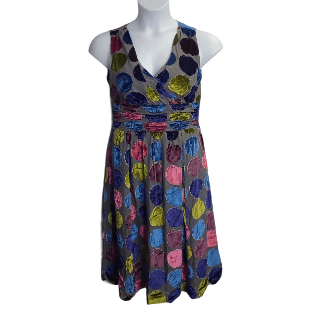 BODEN velvet polka dot silk sleeveless shirred waist v-neck dress 6