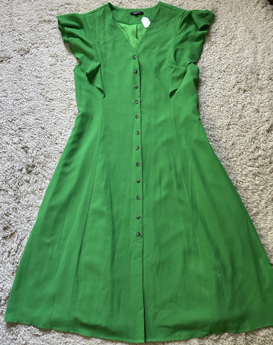ROLYPOLY Women’s Size L Kelly Green Button Front Flutter Sleeve Midi Dress NWT