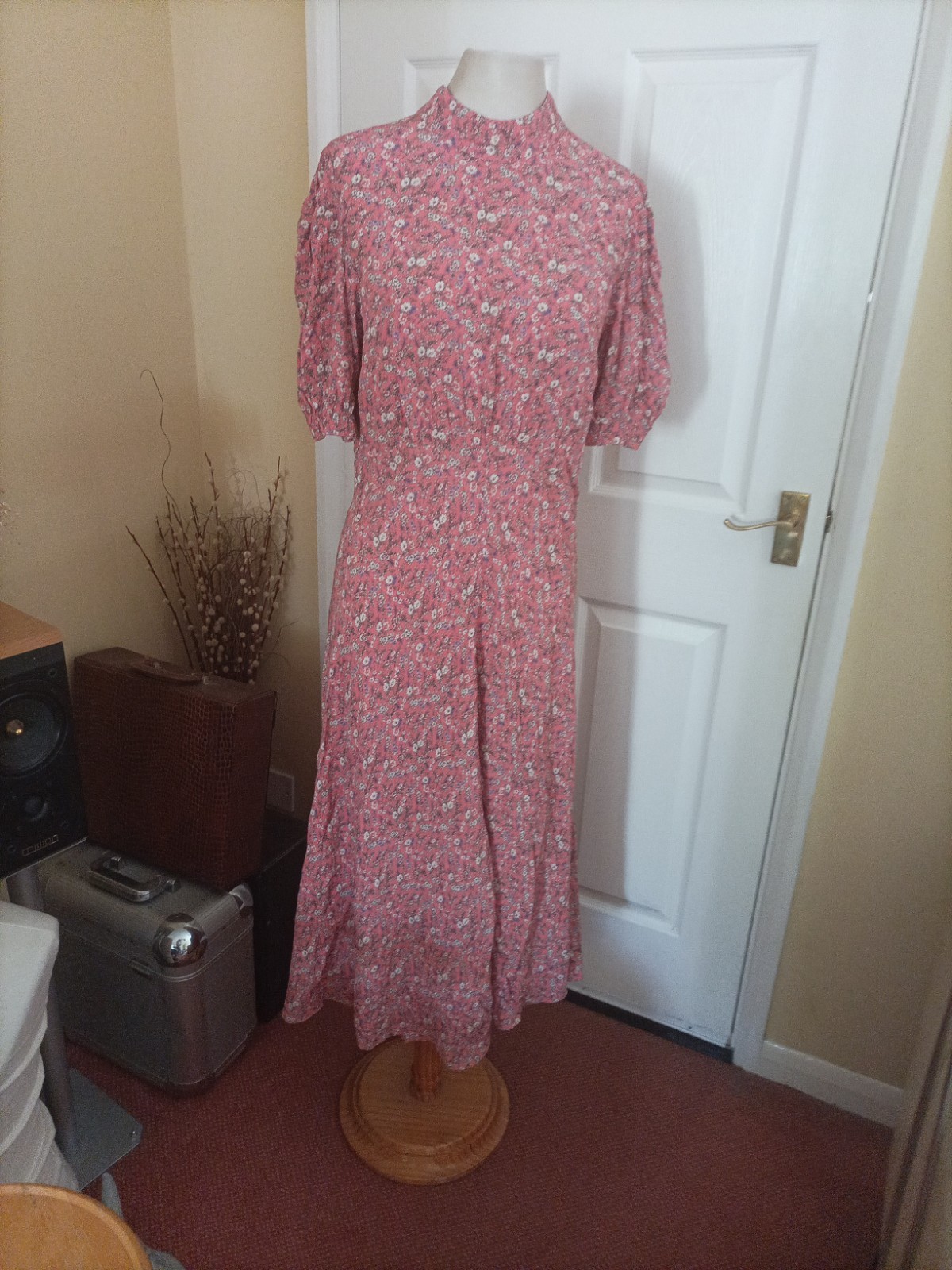 Ghost Luella Pink Ditsy Dress Midi Women Med UK 12 Short Sleeves High Neck