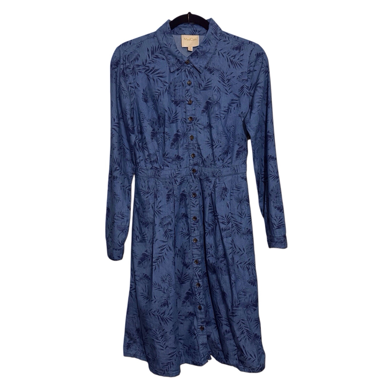 ModCloth Medium Blue Chambray Tropical Leaf Shirt Dress Cotton Button Up Pockets