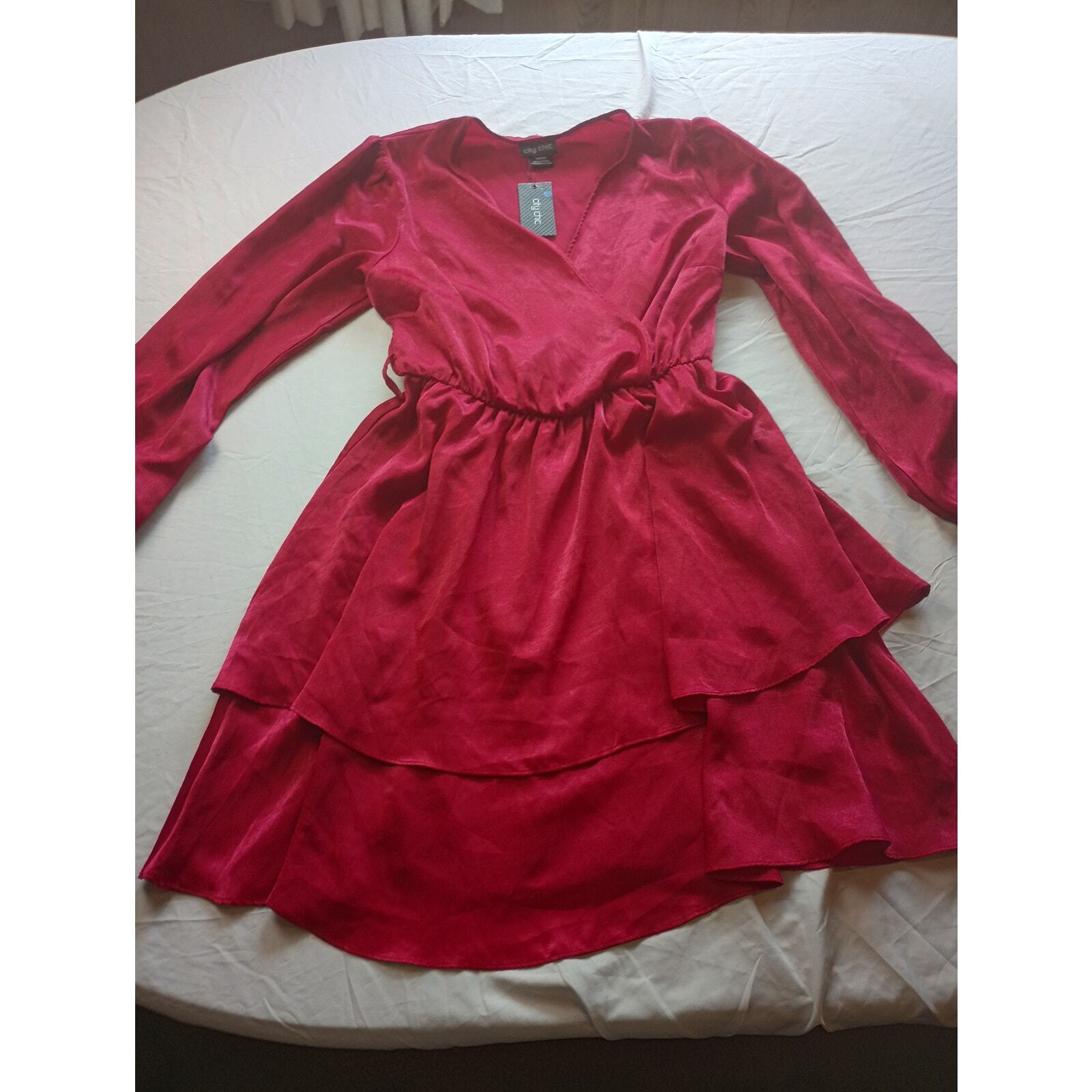 City Chic Red Satin Tiered Ruffle Wrap Mini Dress Long Sleeve XXS 12 Plus Size