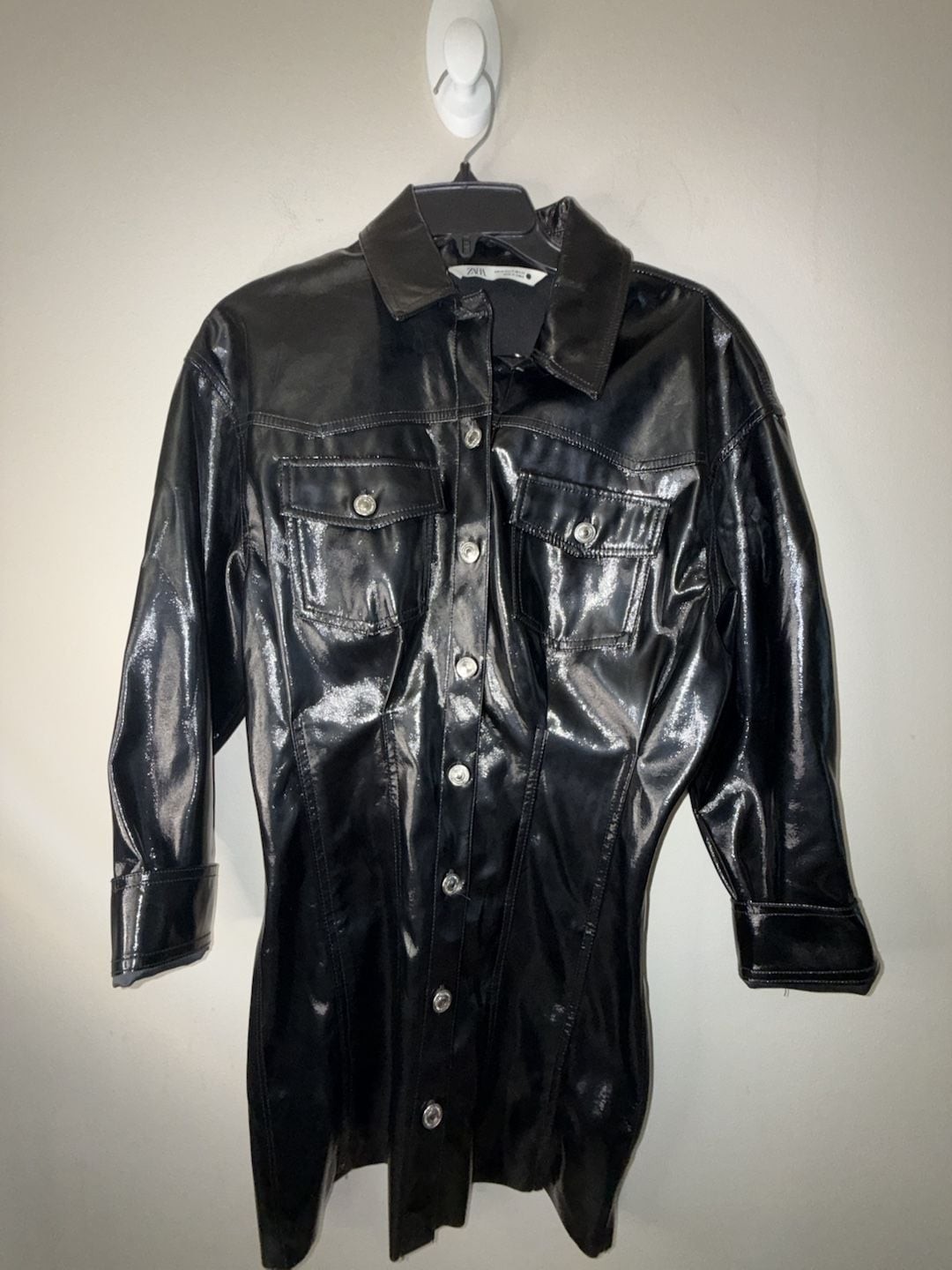 Zara Black Faux Patent Leather Shirt Dress