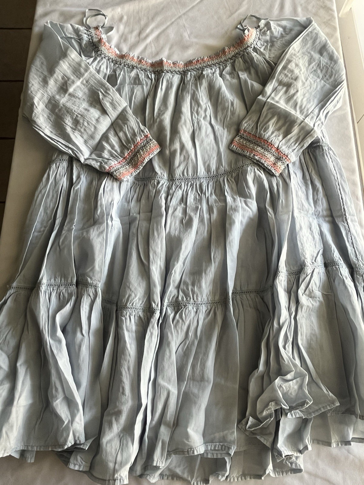 Free People Boho Embroidered Off Shoulder Dress Blue Floral Tiered Midi