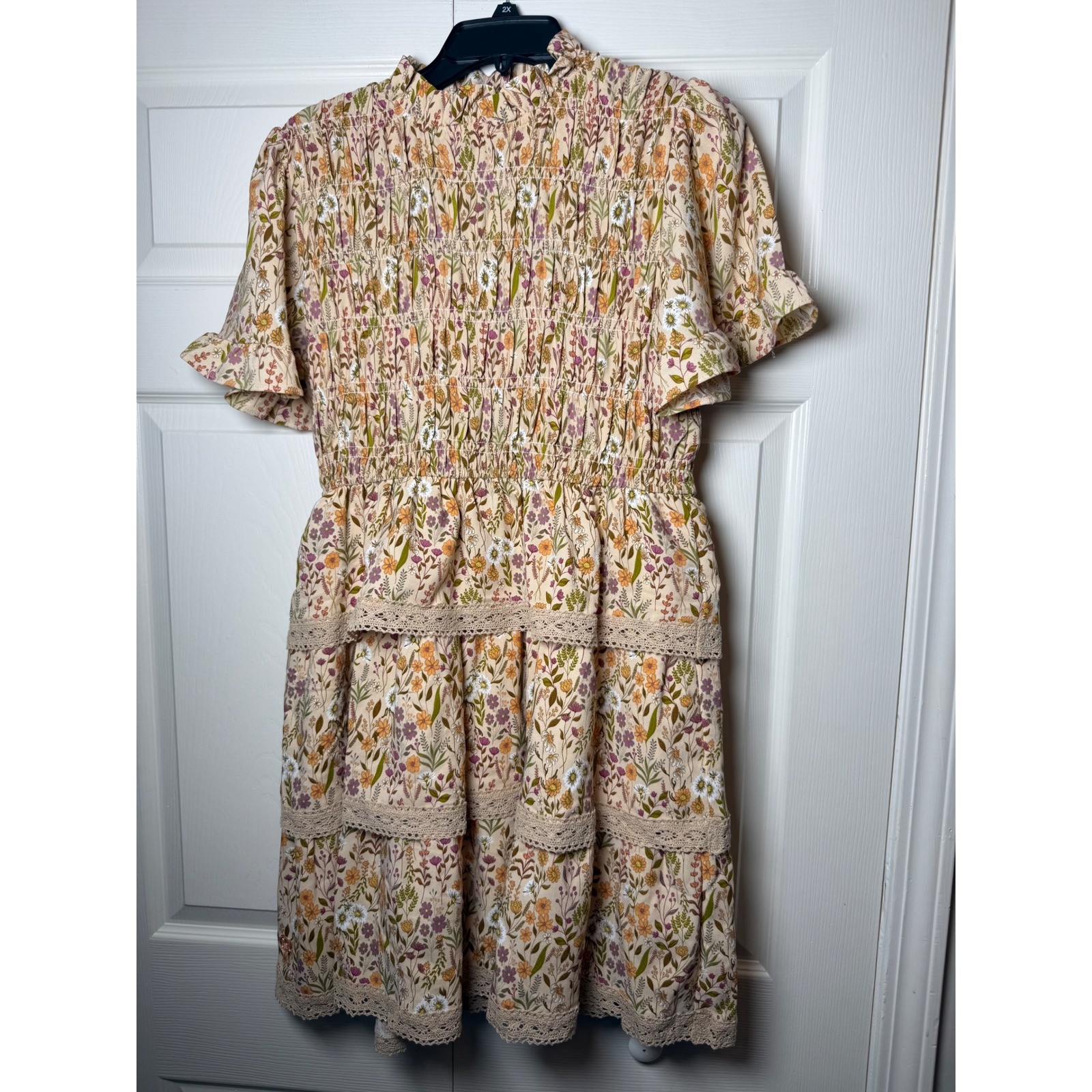 Simply Southern Tan Floral Smocked Mini Dress Crochet Lace Tiered NWT Large