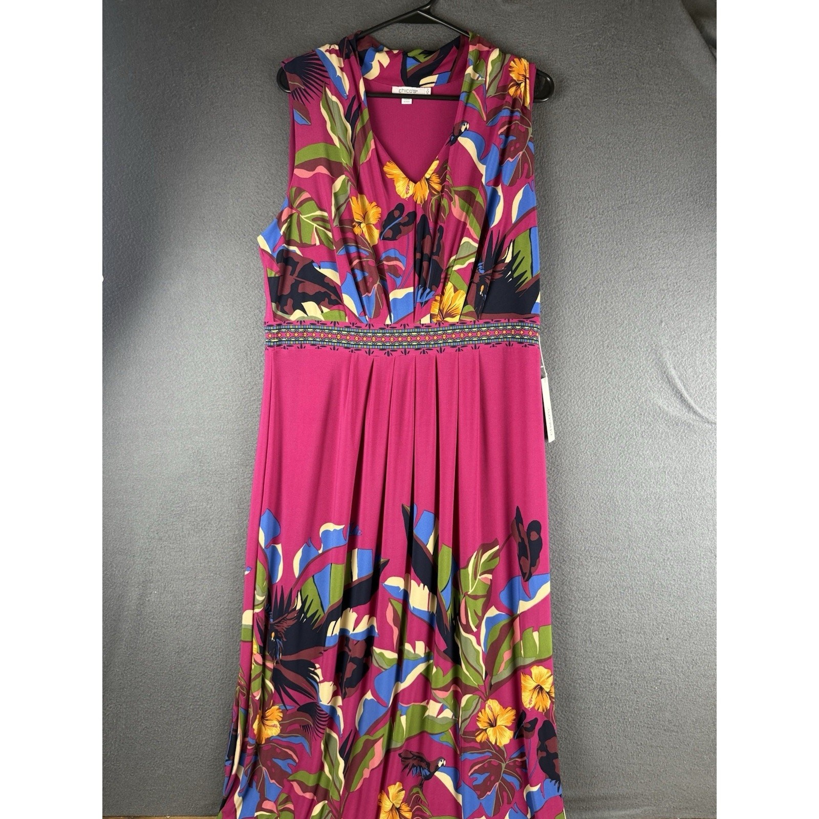 NWT Chico’s Maxi Dress Sleeveless Pleat Rainforest Tropical Botanic Berry Sz 2