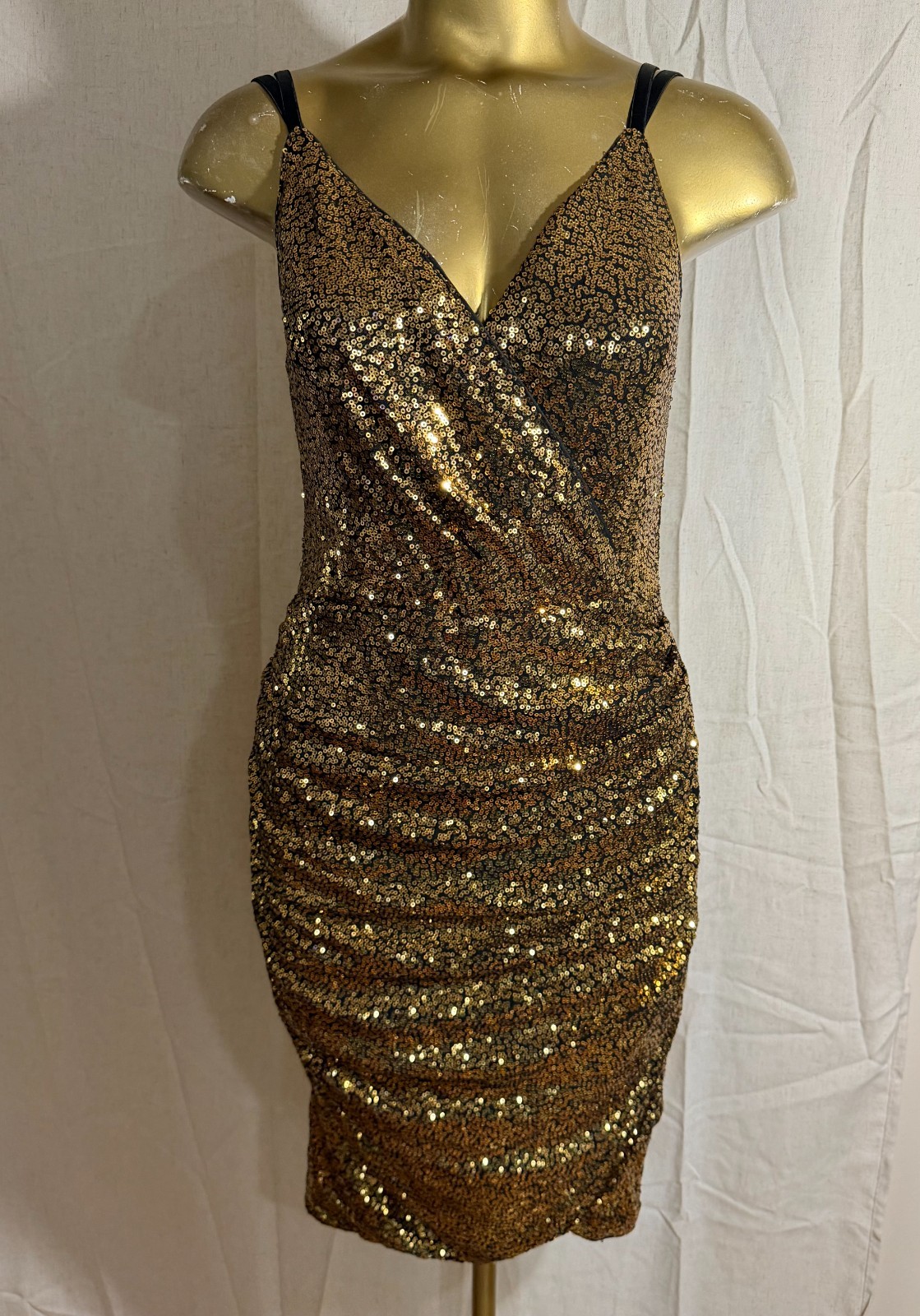 Grace Karin Gold Sequin Cocktail Party Dress Womens M Ruched Bodycon Glam