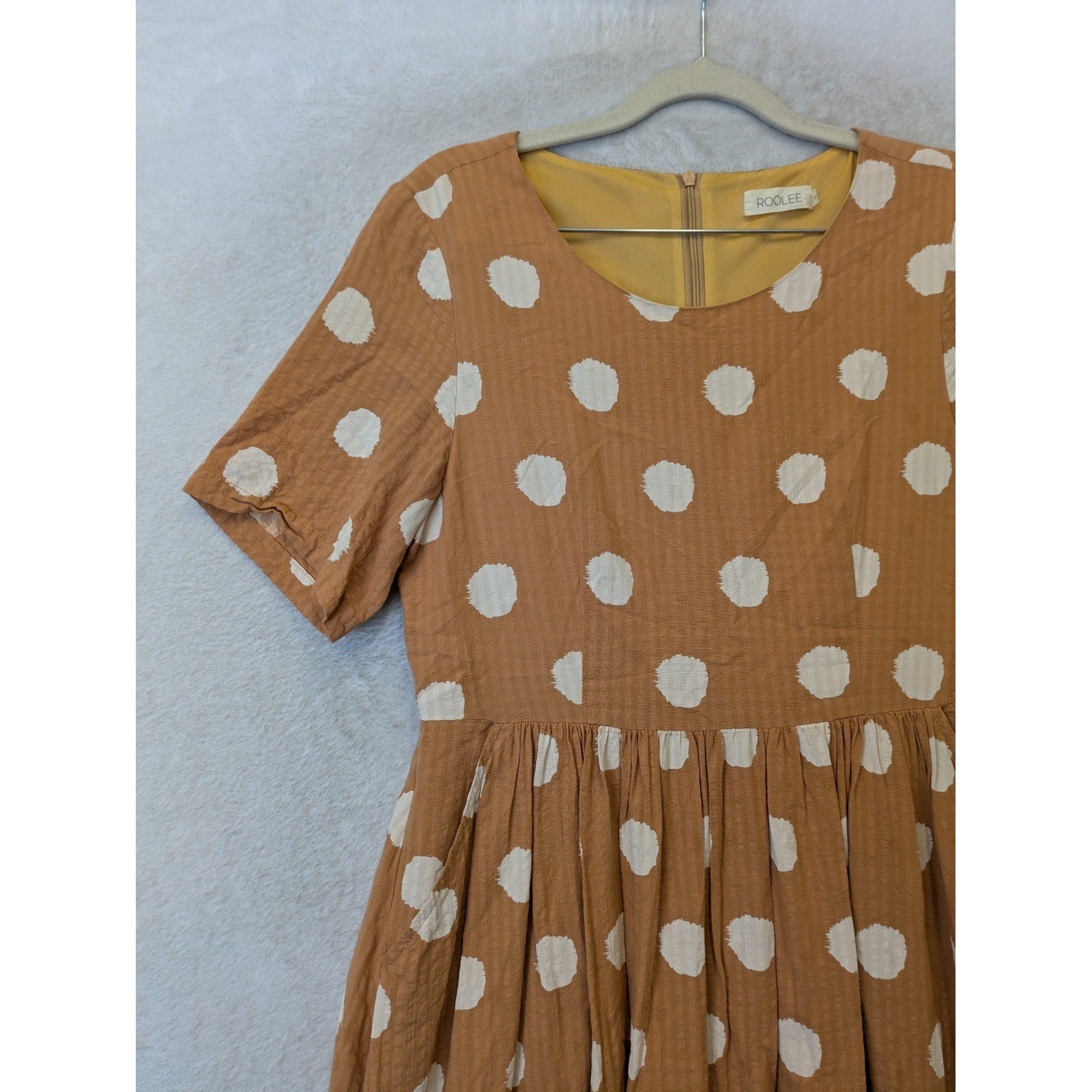 Roolee Midi Dress Women’s Small Brown Polka Dot Short Sleeve Textured