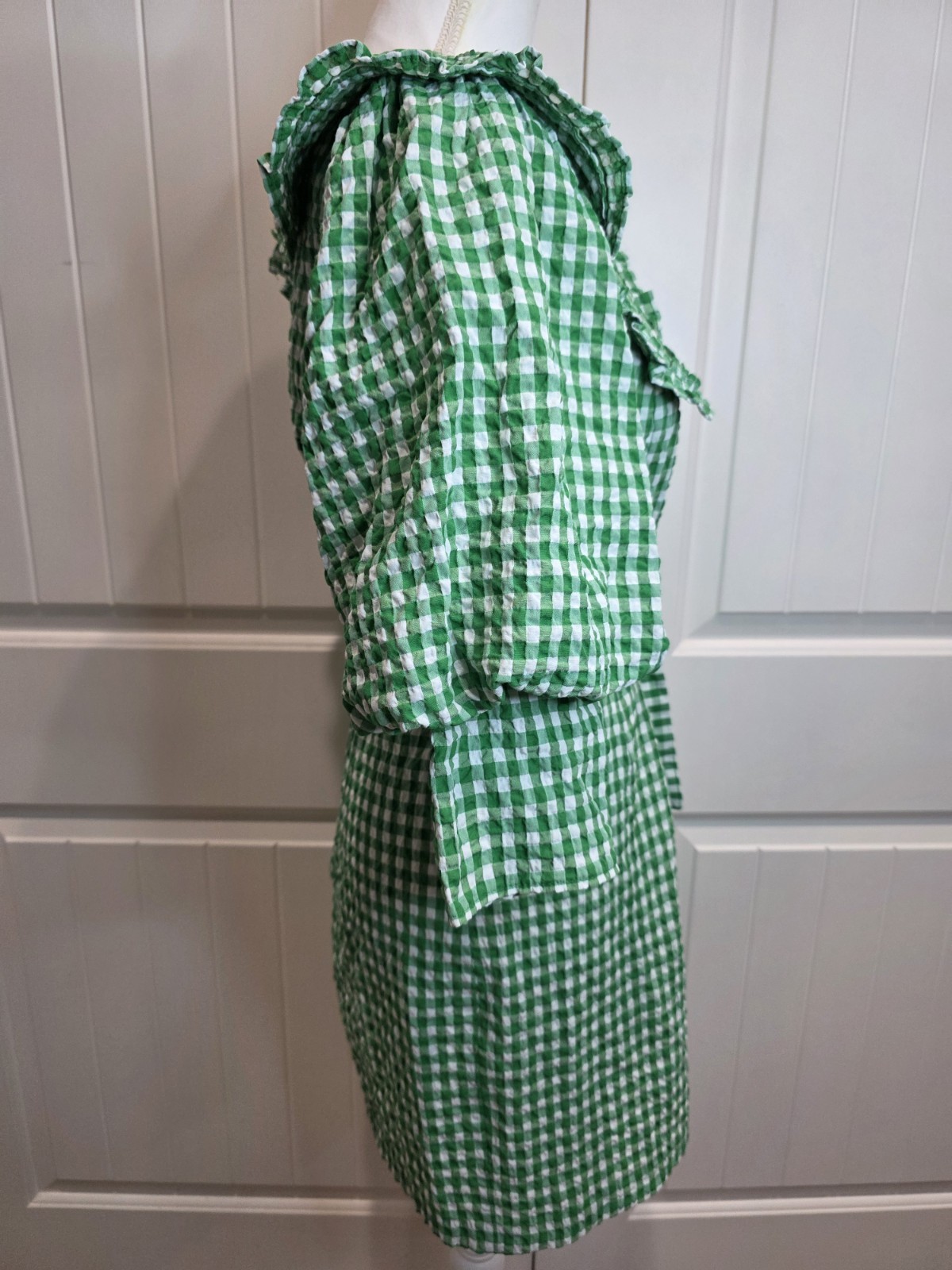 Reserved Green Gingham Seersucker Mini Dress Peter Pan Collar Belted EU40 UK12