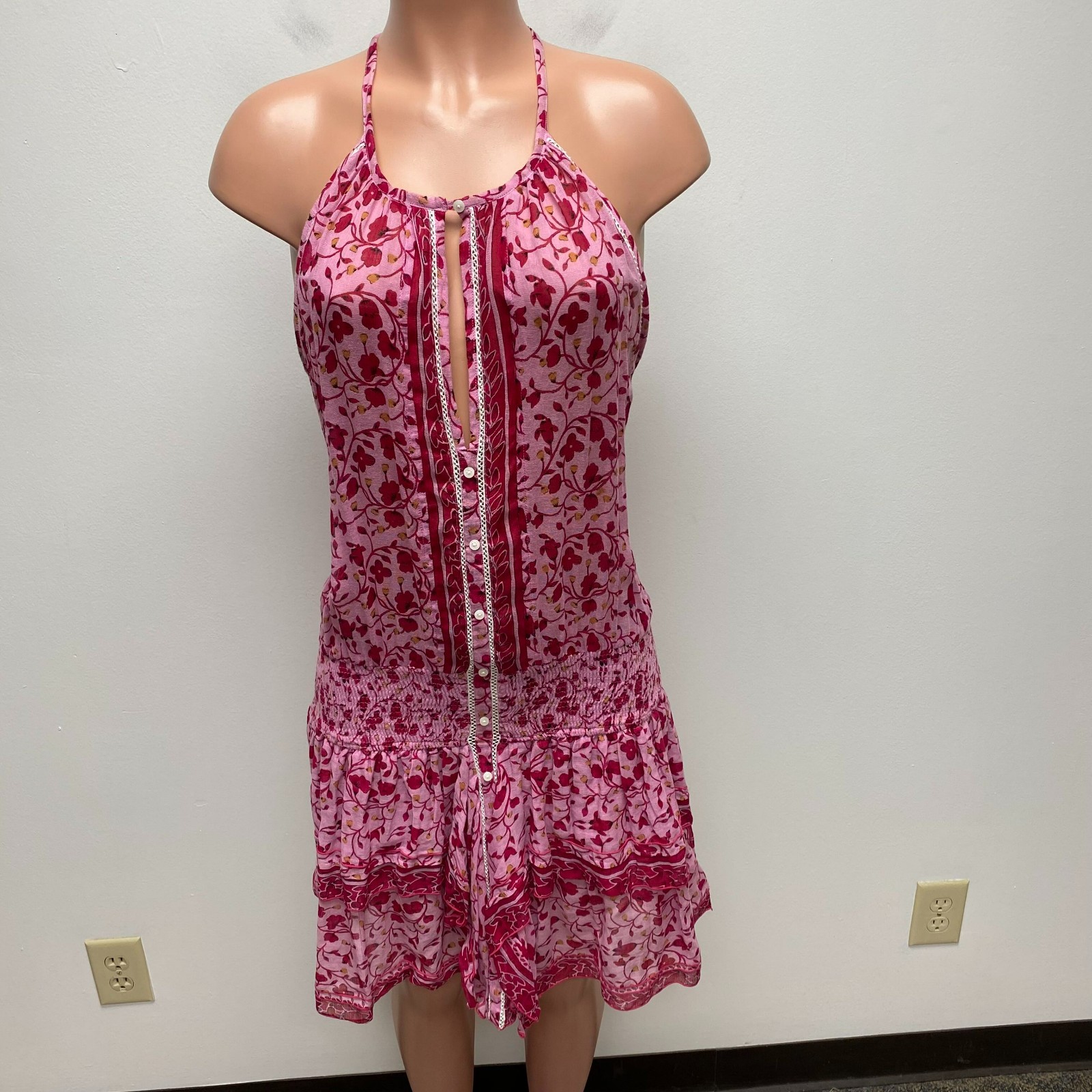 Poupette St Barth Womens Pink Floral Halter Sleeveless Smocked Ruffled Dress L