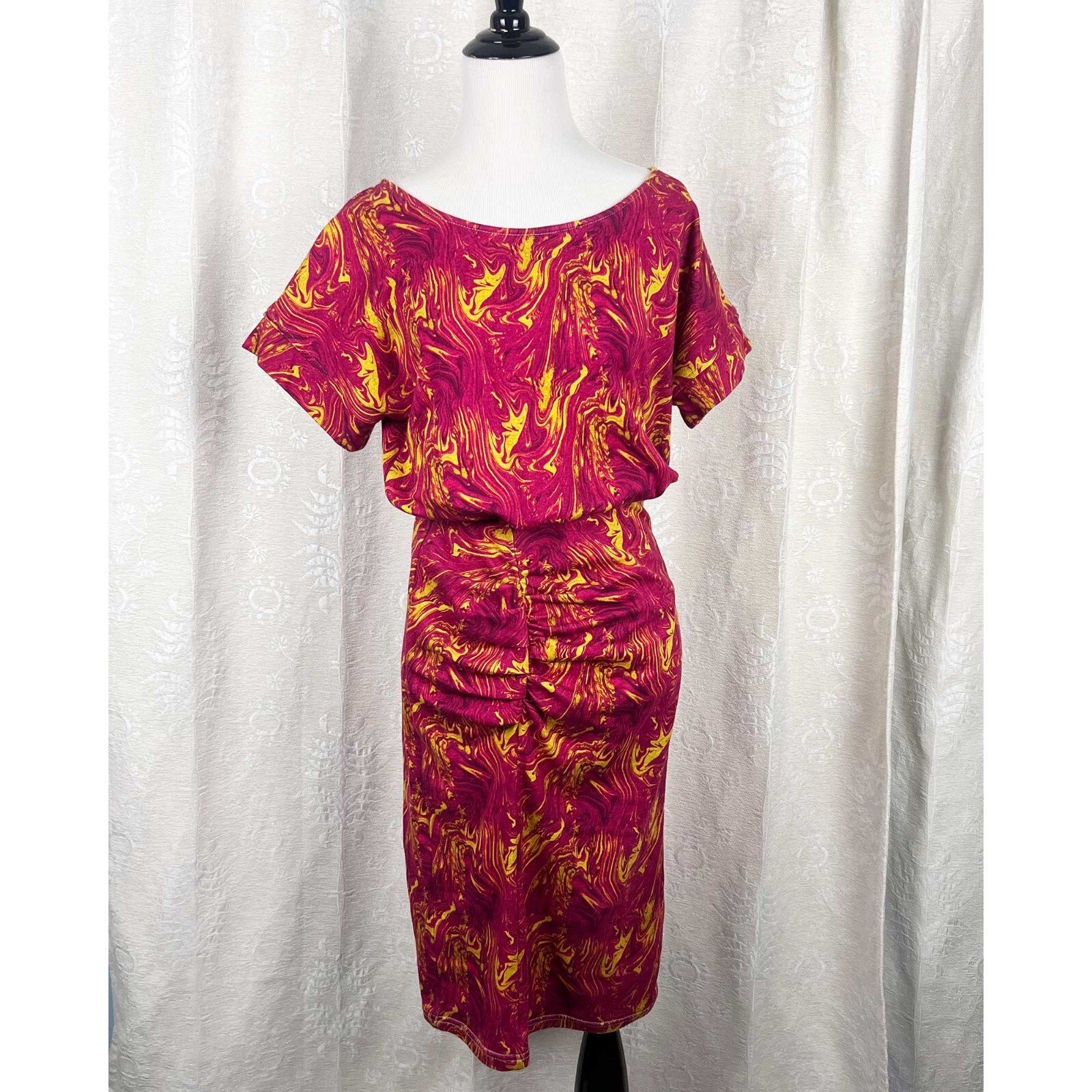 The Kit Cerise Swirl In midi dress blouson ruched dress stretch cotton blend S