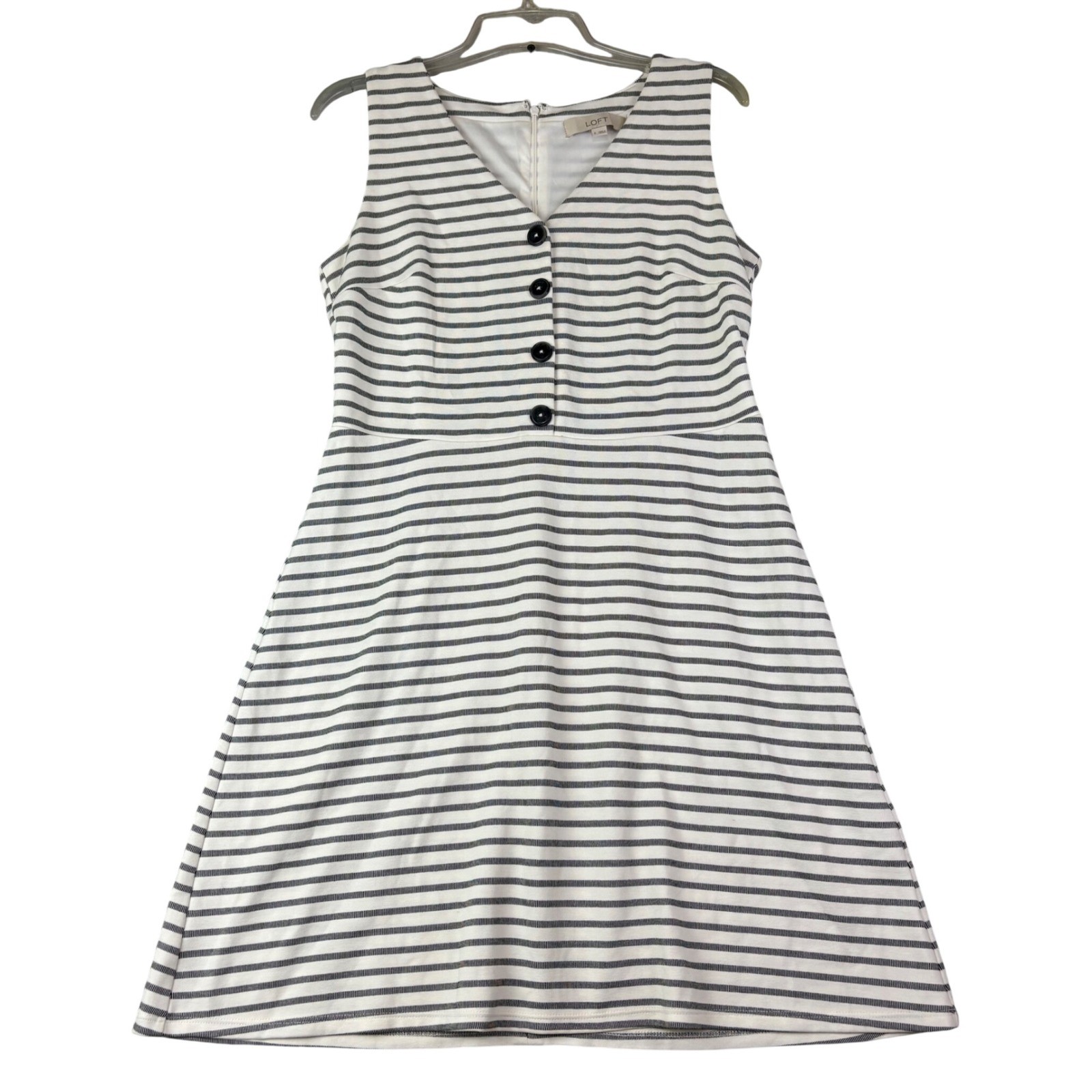LOFT 6 White Navy Striped Sleeveless V-Neck Fit Flare Dress Nautical Classic