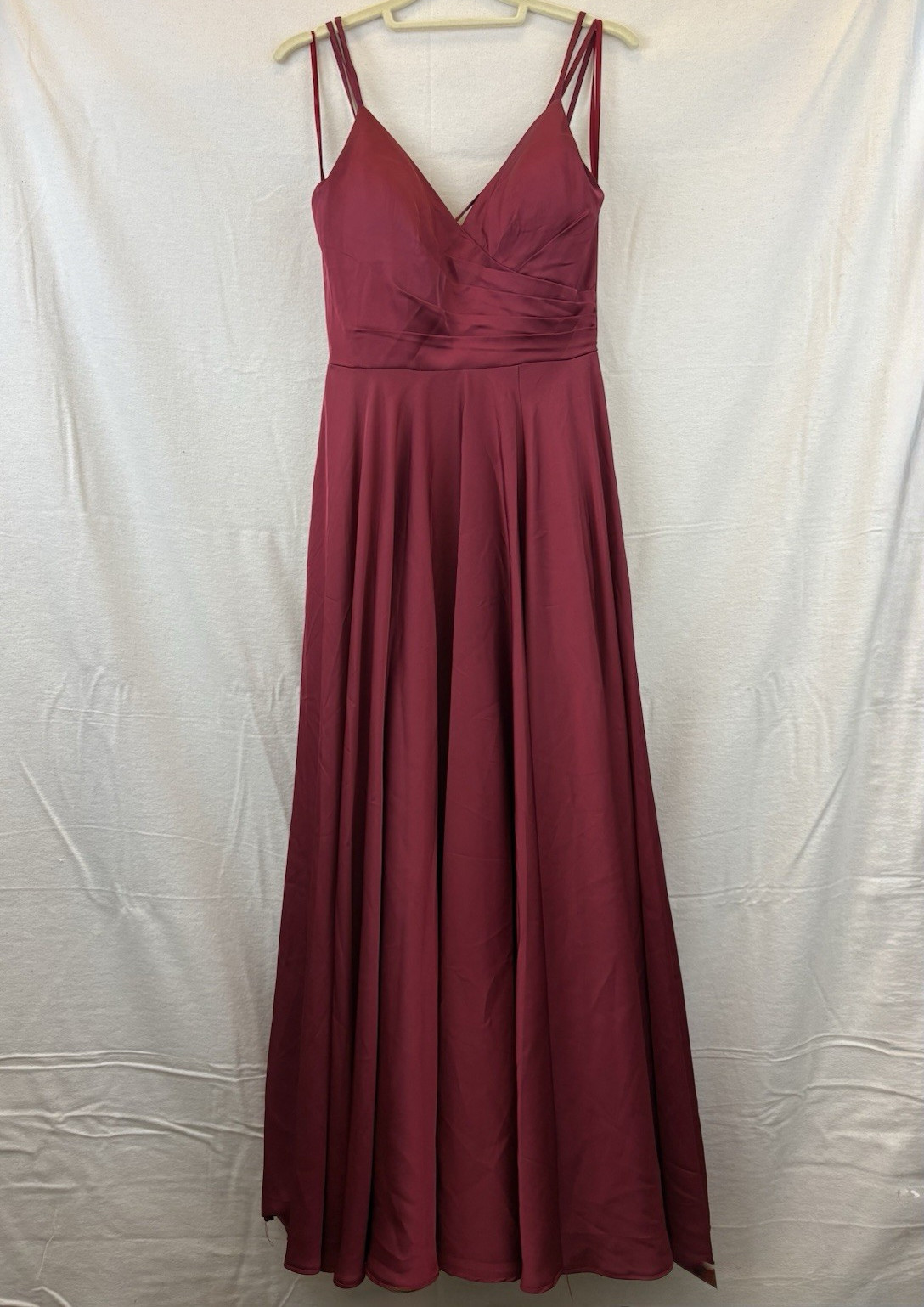 Dancing Queen Burgundy Satin Maxi Dress V-Neck Strappy Lace-Up Back, A-line XS