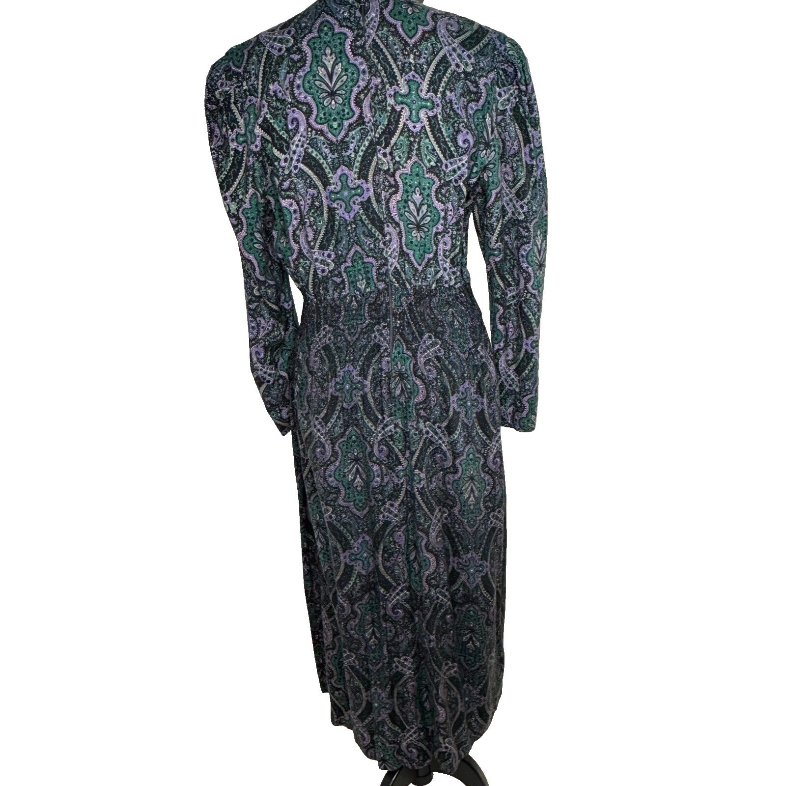Vintage Karin Stevens Purple Green Paisley Long Sleeve Midi Dress