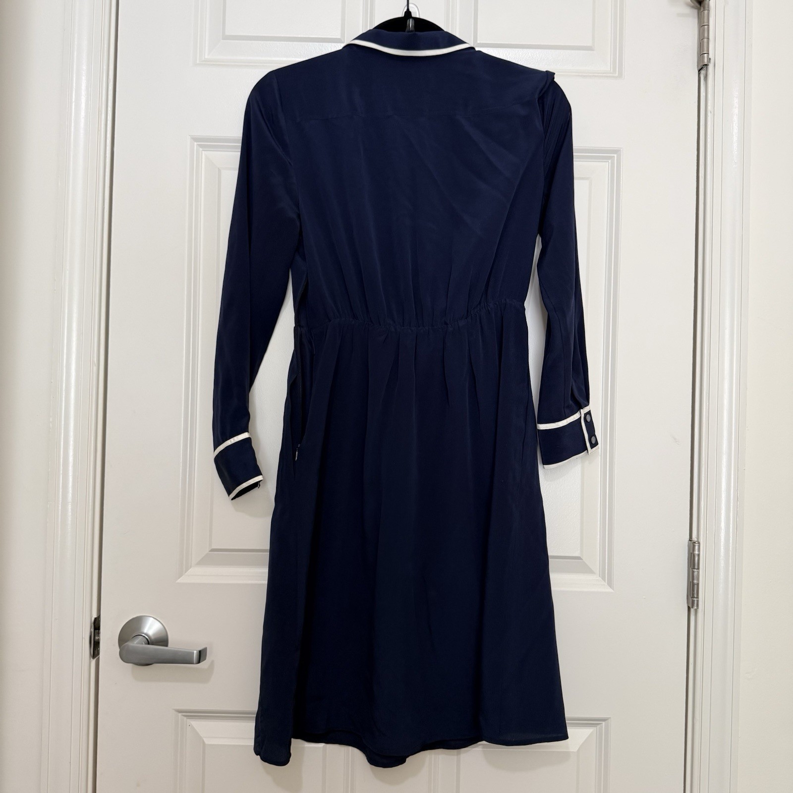 J. Crew Silk Shirt Dress Sheer Pockets Classic Navy Prep See Measurements XS/S