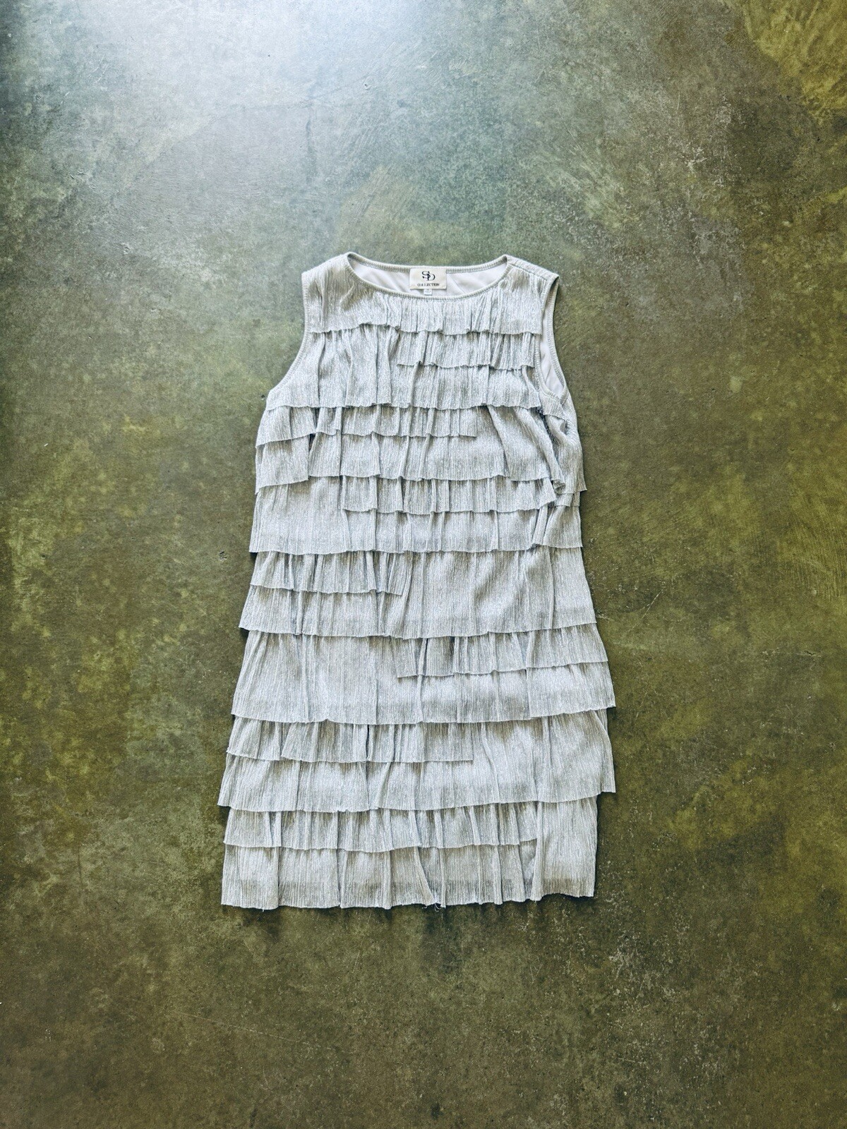 EUC SILVER METALLIC THREAD PLEATED RUFFLE DRESS SIZE 14 US 6 8 VINTAGE DESIGNER