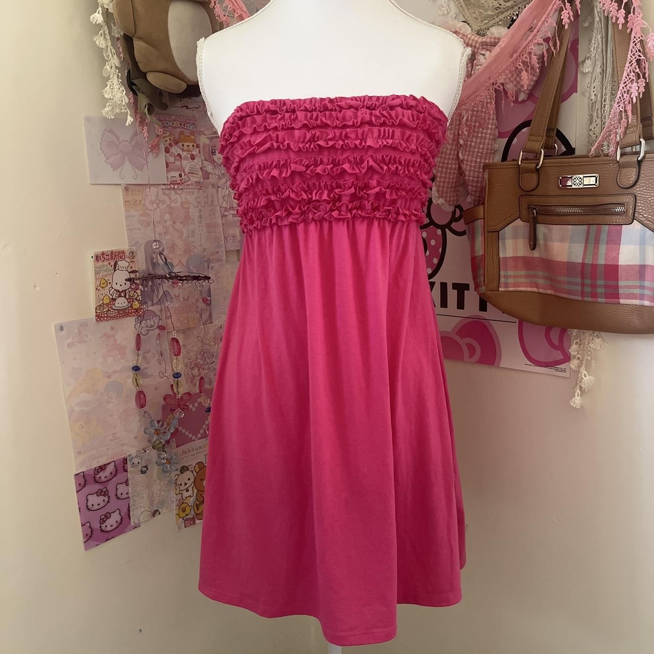 Super cute pink Y2K tube top ruffle mini dress
