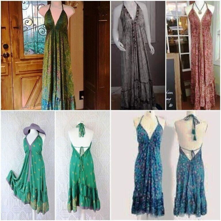 Wholesale Lot Indian Vintage Sari Silk Maxi Boho Gypsy Halter Backless dress