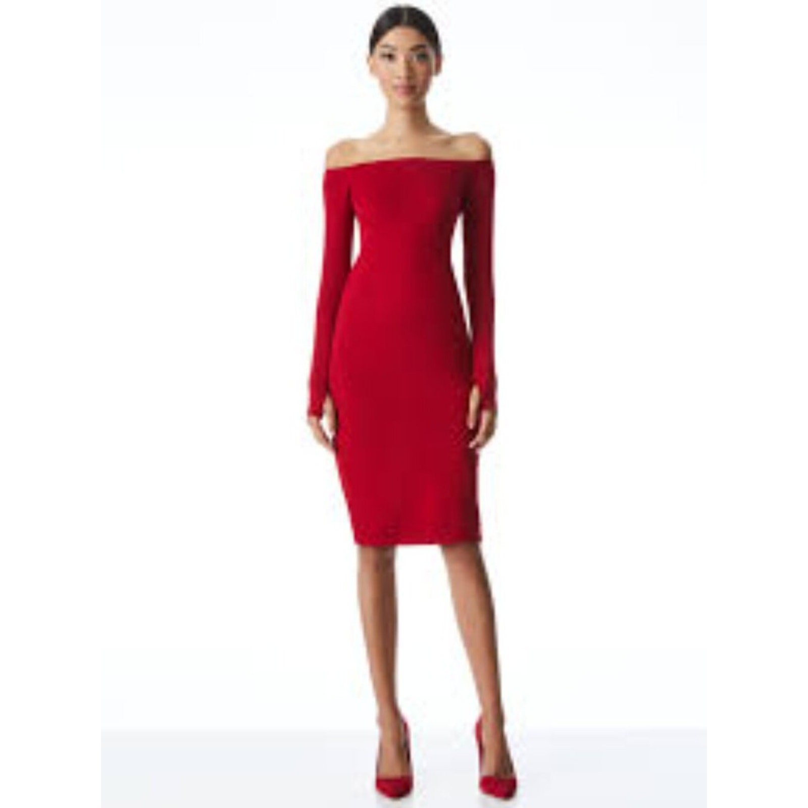 Alice +Olivia DorindaFitted Red Long-Sleeved Off the Shoulder Midi Dress, Size 4