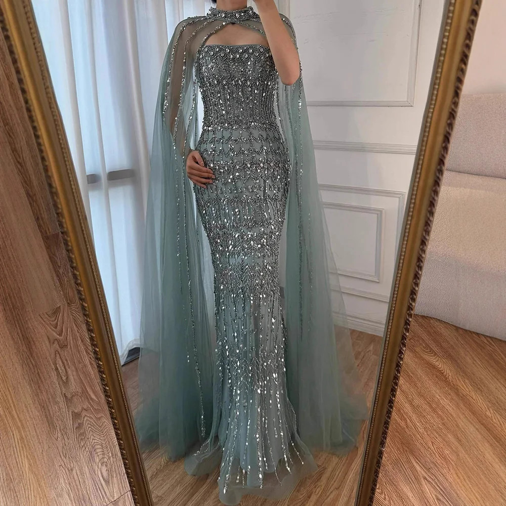 Beaded Mermaid Evening Dress, with Detachable Cape and Long Sleeve Luxury Gown-