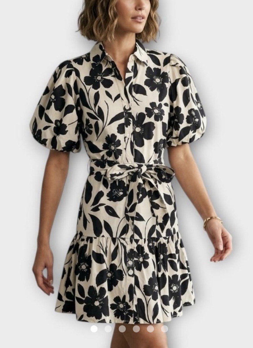 Jessica Simpson Cream & Black Floral Button Up Puff Sleeve Mini Dress Size Med
