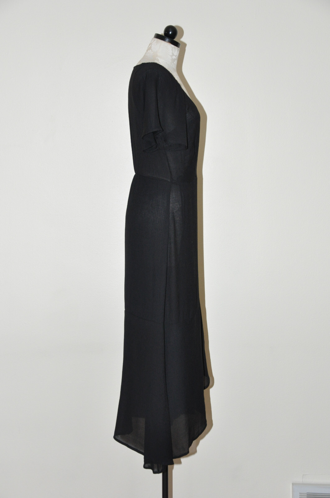 Lush Black Cotton Gauze Sheer Plunging Neckline Long Maxi Wrap Dress LBD Women M