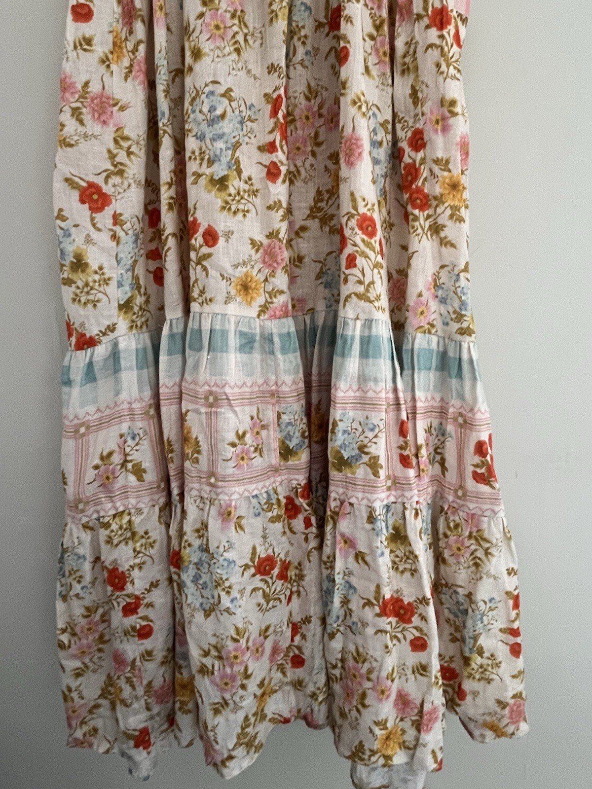SPELL Linen Tiered Midi Dress – Patchwork Floral Button Down – Boho Cottagecore