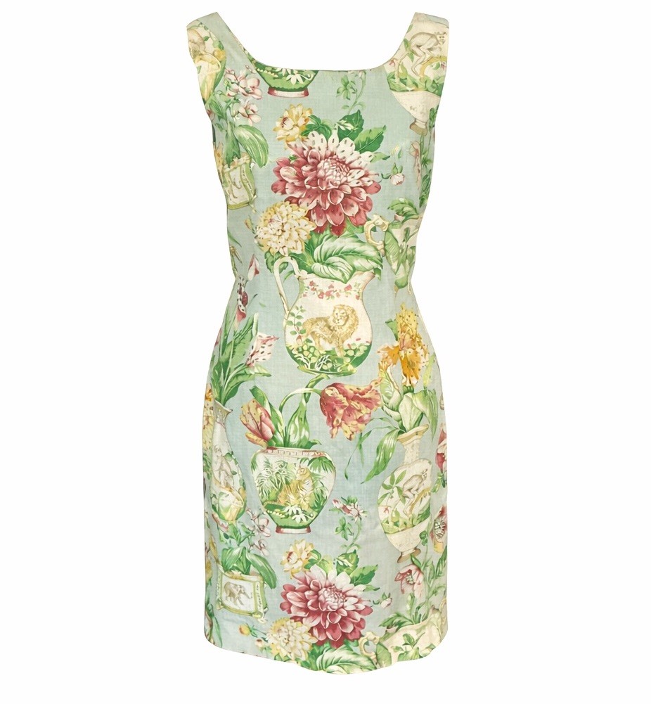 Virgo Chinoiserie Linen Sheath Dress Sz. 10P Beaded 90’s Vintage Wedding Guest
