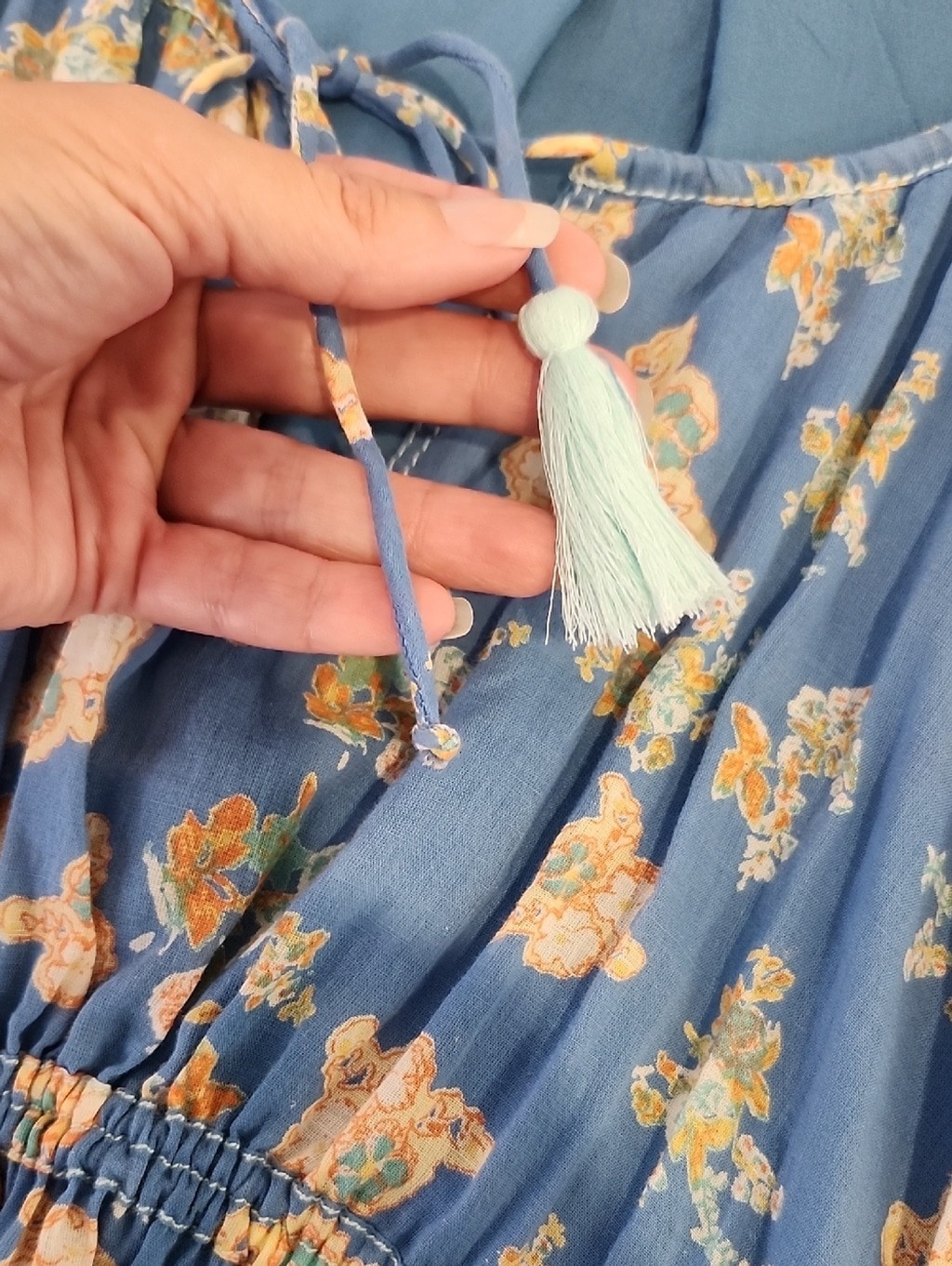 Free People Camella Blue Floral Peasant Mini Dress with Puff Sleeves Size XL