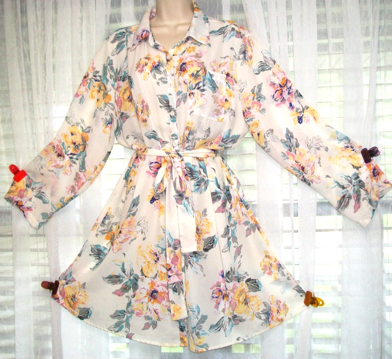 PINK CLOVE SZ 16 BUTTON FRONT LITE SUMMER FLORAL DRESS~WAIST TIE~ROLL TAB SLEEVE