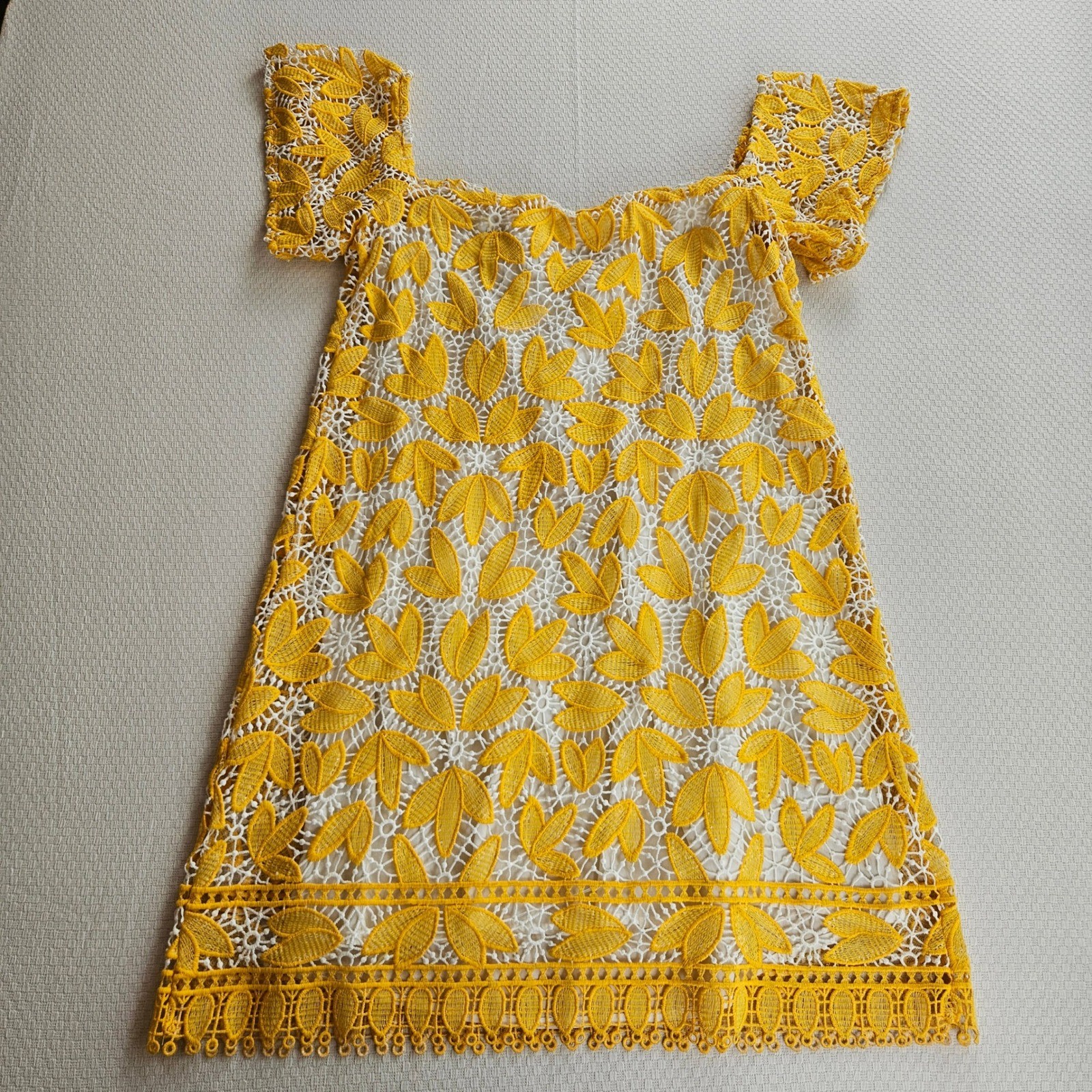 Ellison Yellow Floral Guipure Lace Crocheted Off Shoulder Mini Dress L Wedding