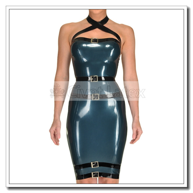 Latex Pencil Dress Cross Neck Straps Buckles Deco Back Zip Customized 0.4mm D80