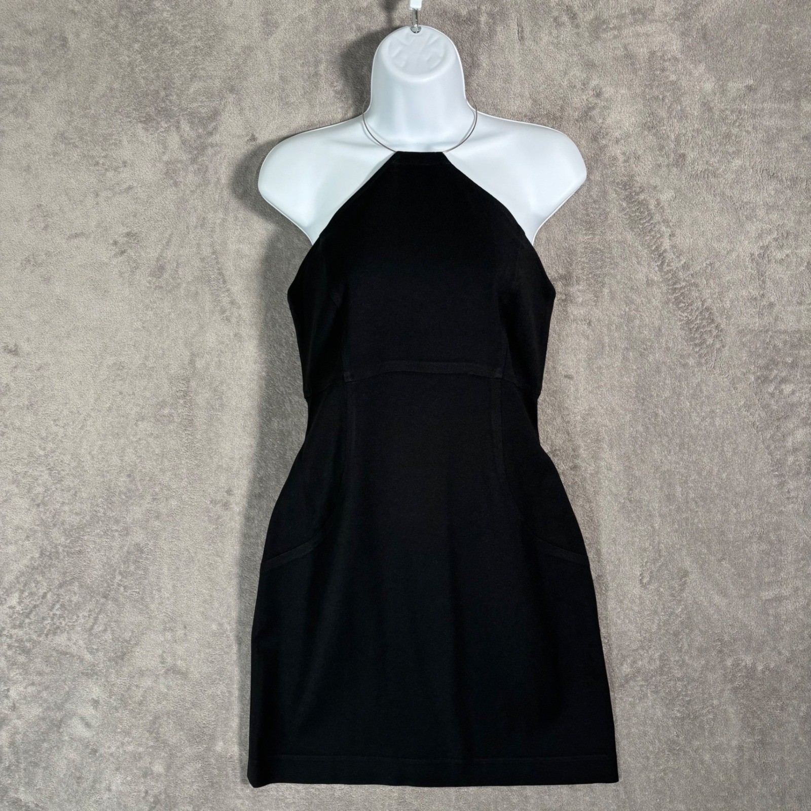 Henri Bendel Vintage 90s Black Halter Neck Mini Dress with Metal Ring Size 8