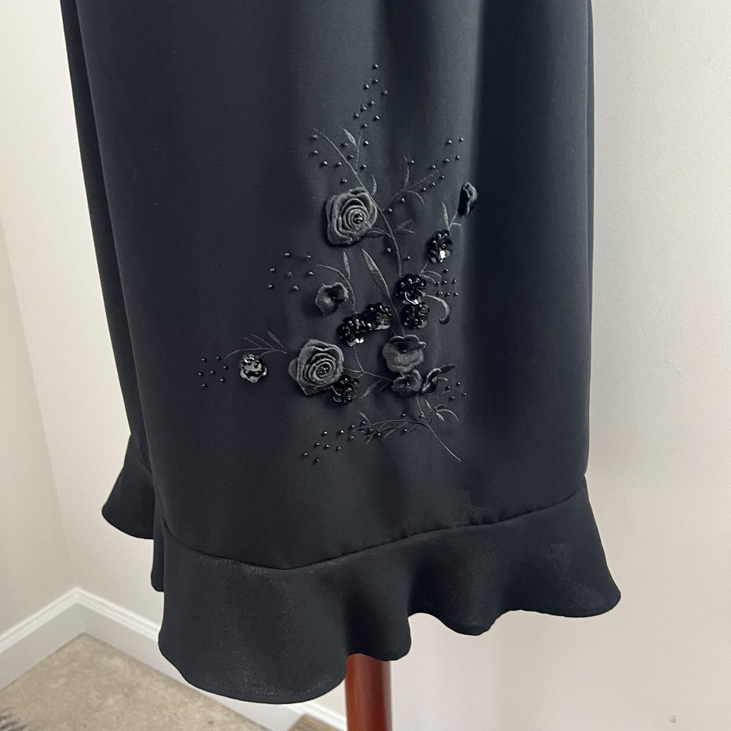 Black V Neck Mini Dress Floral Appliqué Ruffle Hem Romantic Chic