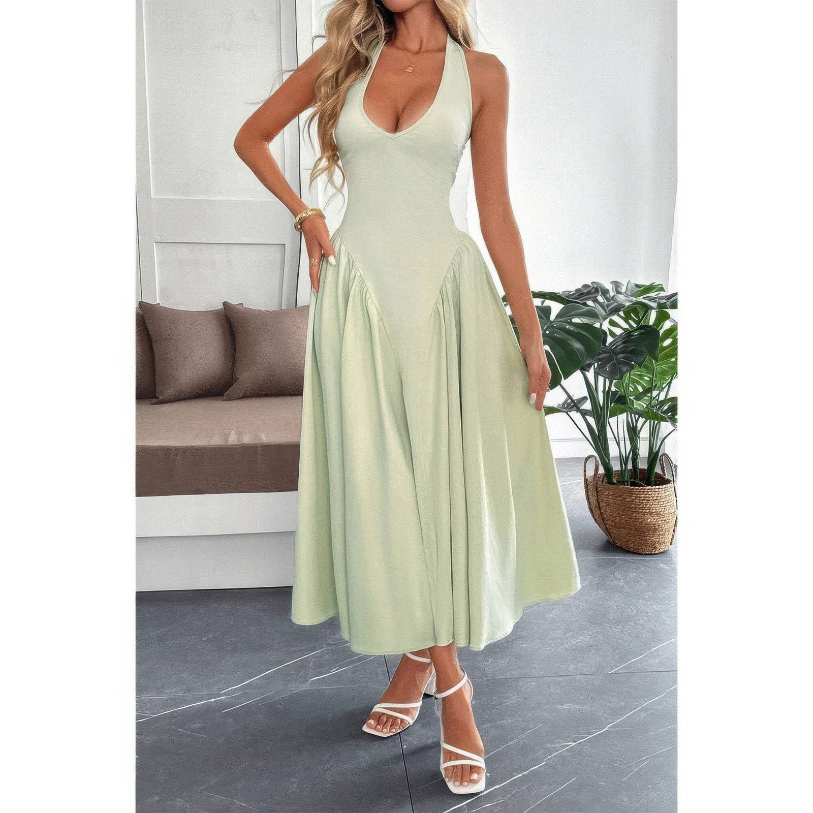 Women’s Solid Halter Midi Sundress Hidden Back Zipper Sleeveless Fit & Flare Dre