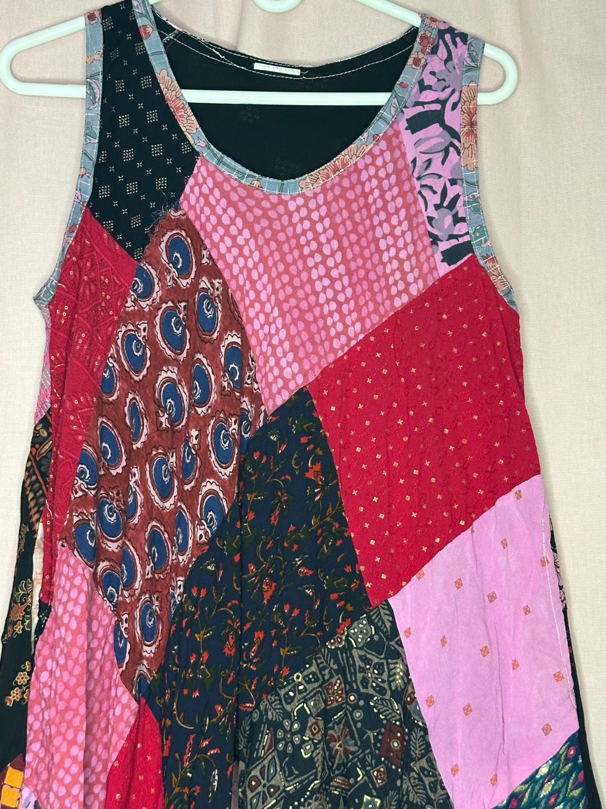 Oversized Patchwork Sleeveless Tunic Dress Boho Lagenlook Artsy Hanky Hem