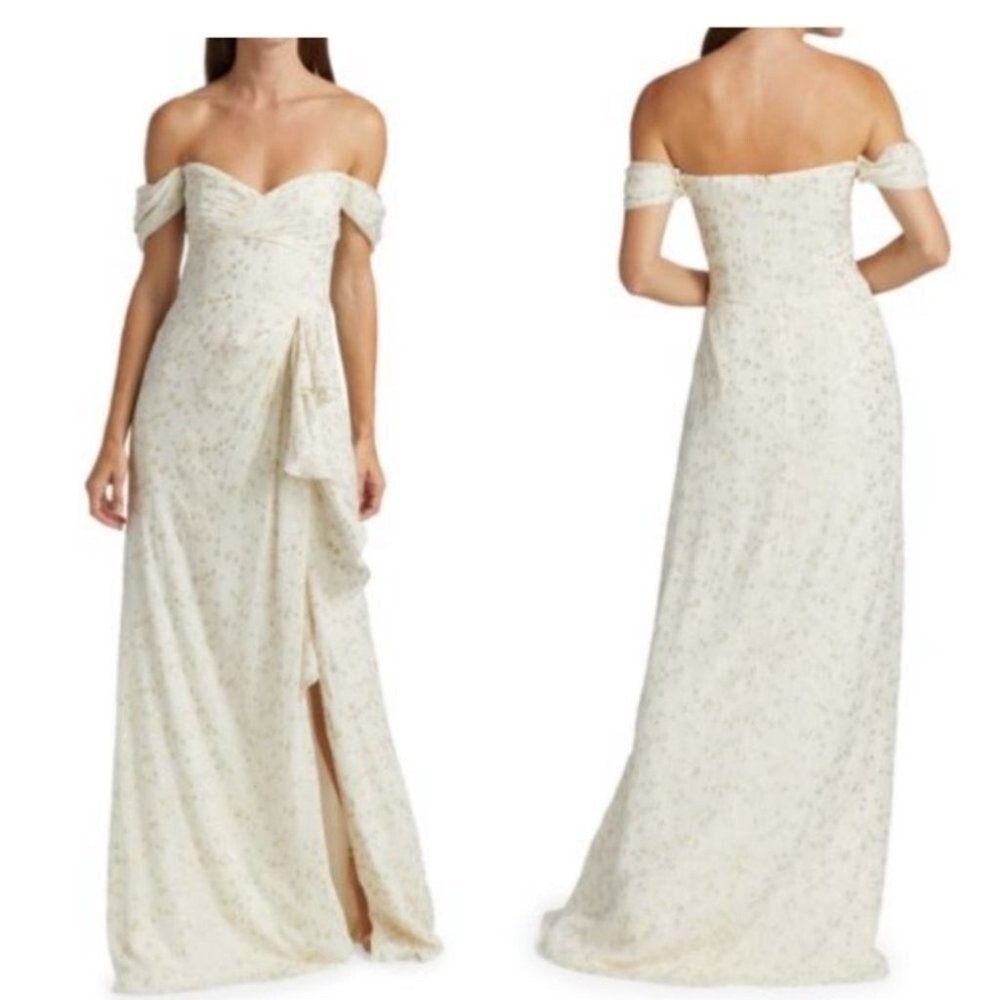 ML Monique Lhuillier Ivory Gold Metallic Polka Dot Off Shoulder Maxi Gown 12 NEW