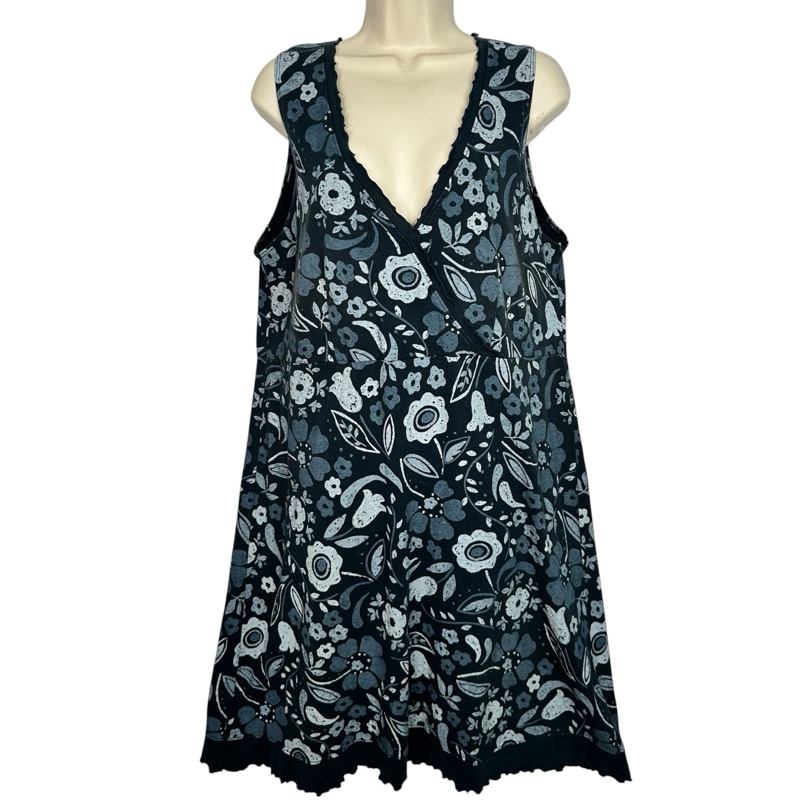 Fresh Produce Dress Womens Large Blue Gray Floral Cotton Sleeveless Midi USA