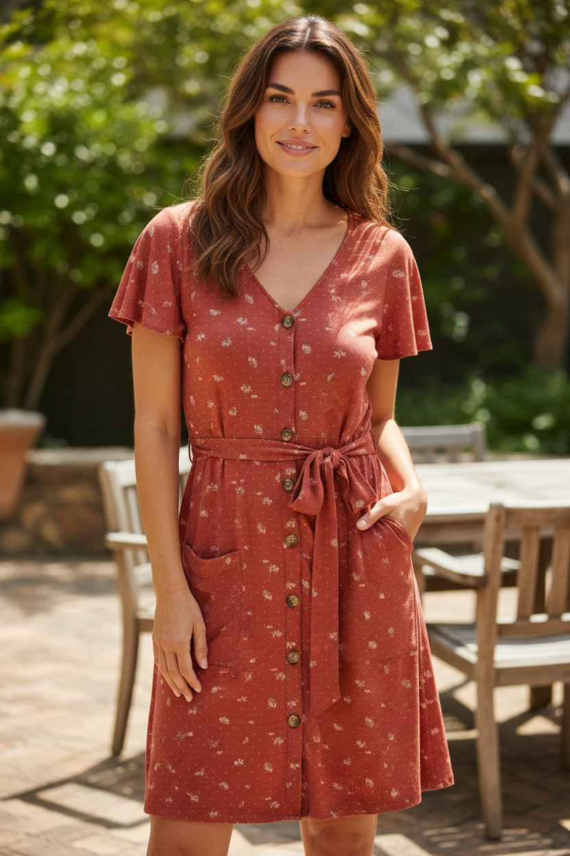American Eagle Rust Floral Button Front Tie Waist Mini Dress w Pockets Size Med