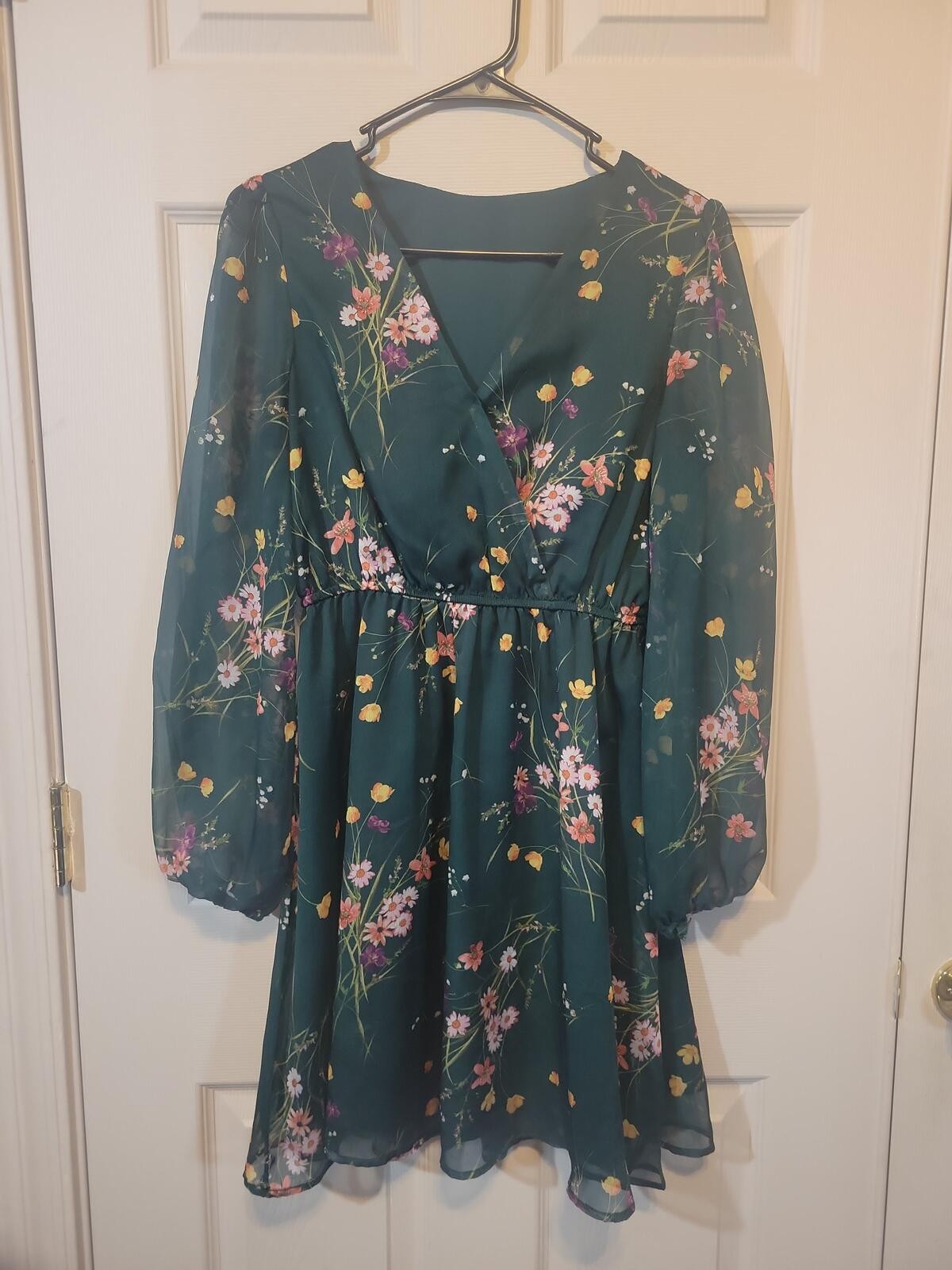 Green Floral Long Sleeve Sheer Dress