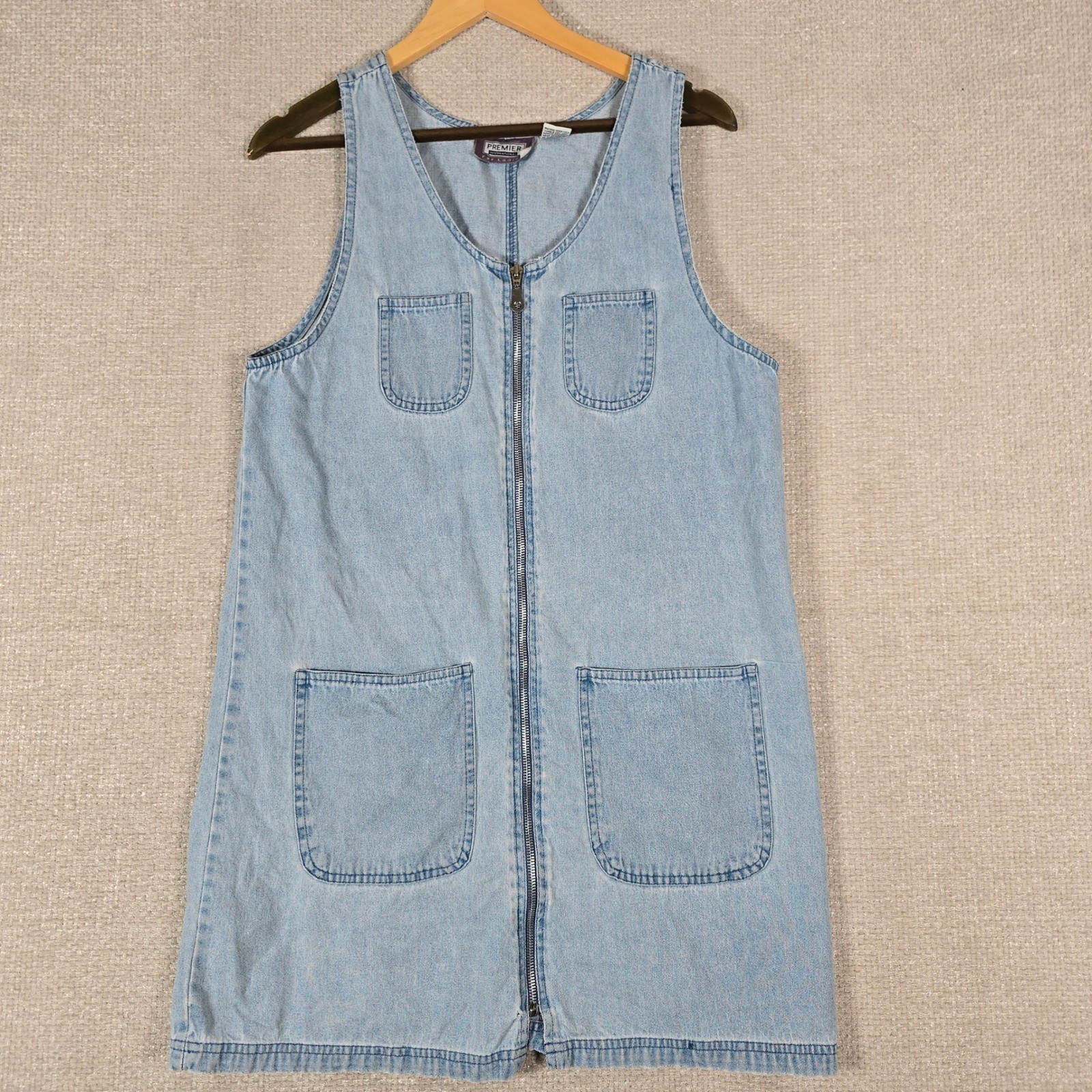 Premier International Womens Vintage 90s Denim Zip Front Jumper Dress Blue L