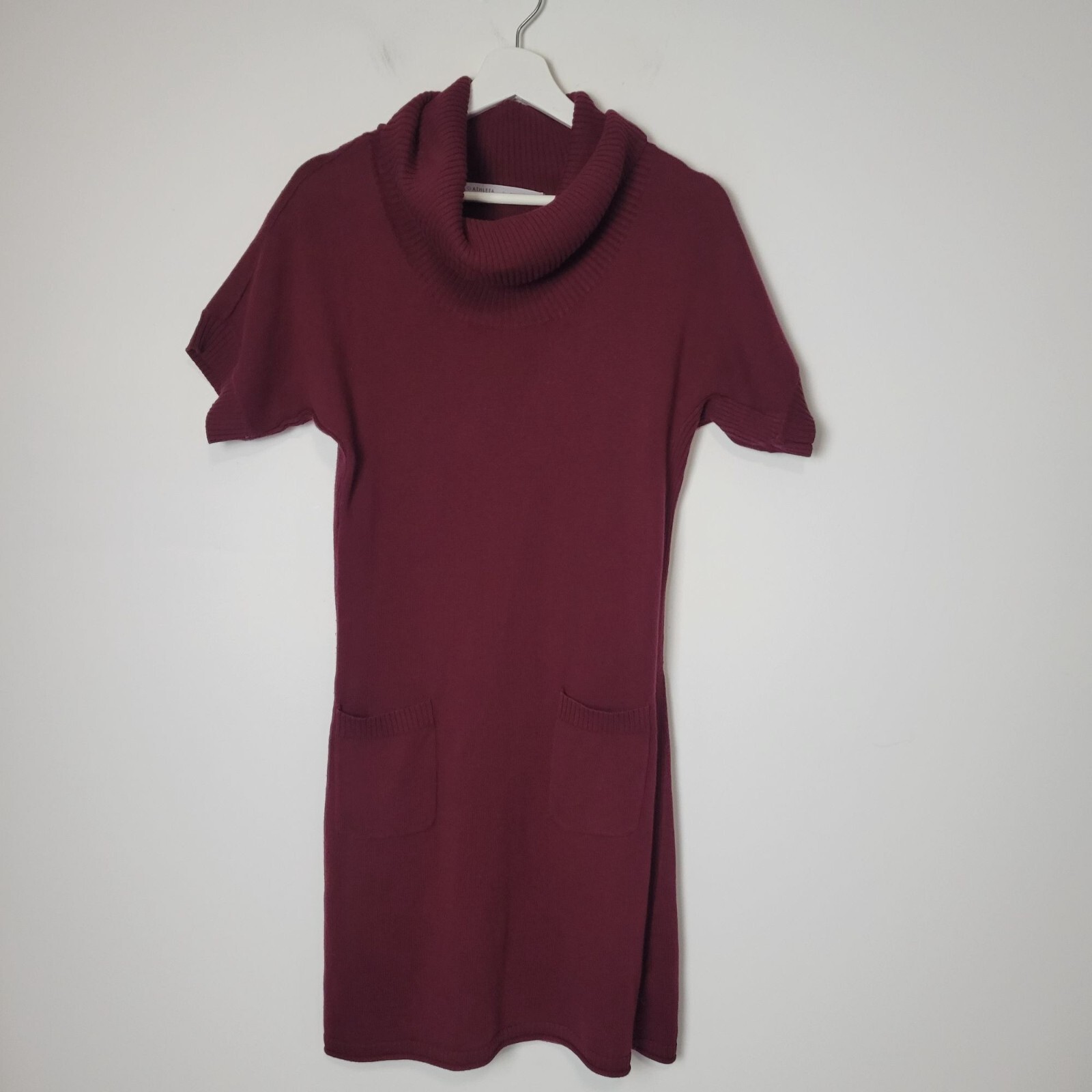 Athleta Size S Zuni Cowl Neck Short Sleeve Pocket Sweater Dress Burgundy
