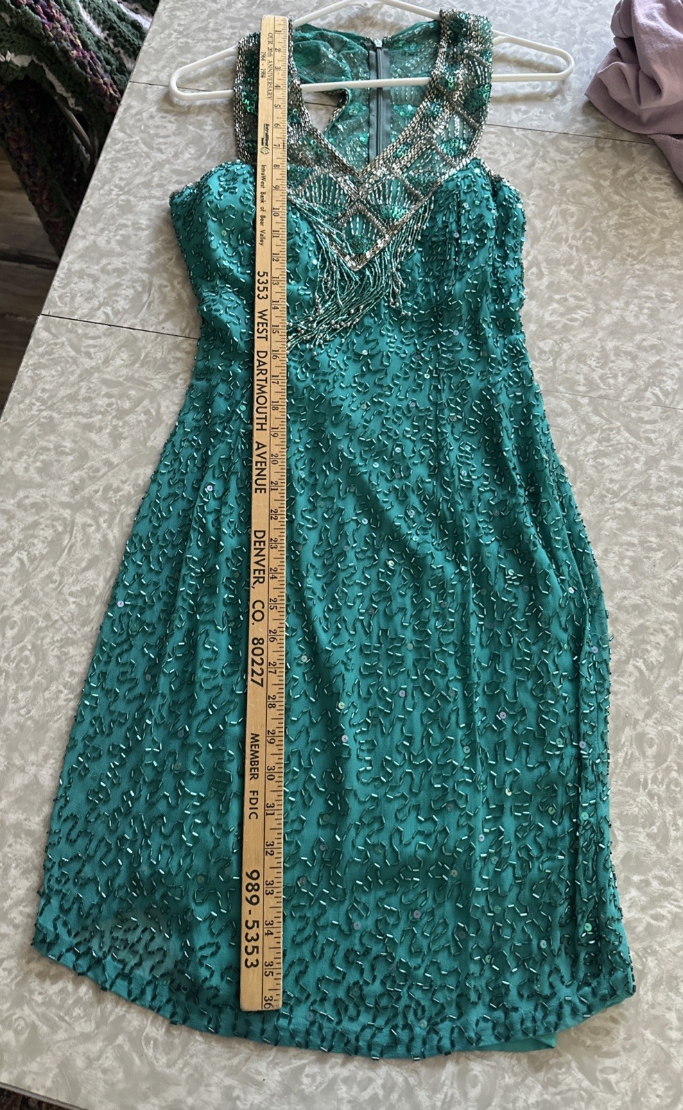 Cache Beaded Sequined Teal Formal Evening Dress Sz 8 Party 90s Y2K Flapper NYE